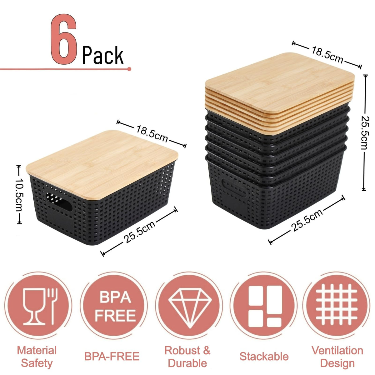 VIIHTYISA Plastic Storage Box with Bamboo Lid, Stackable Storage Baskets, Organizing Box for Shelves, Drawers, Desks, Cabinets, Playrooms and Offices - image 2