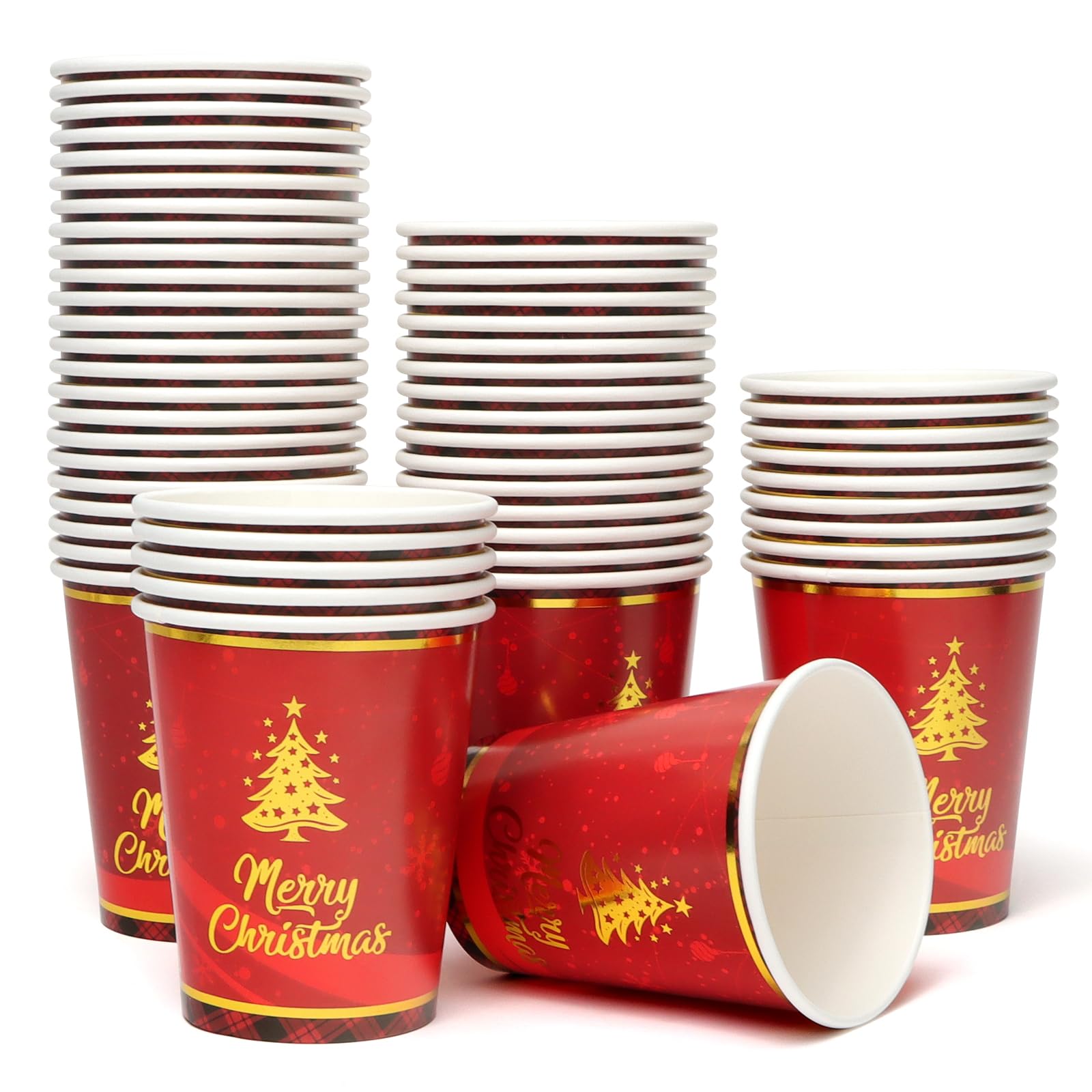 PARTY GO 60PCS Christmas Paper Cups | 9oz Disposable Red Tree Pattern