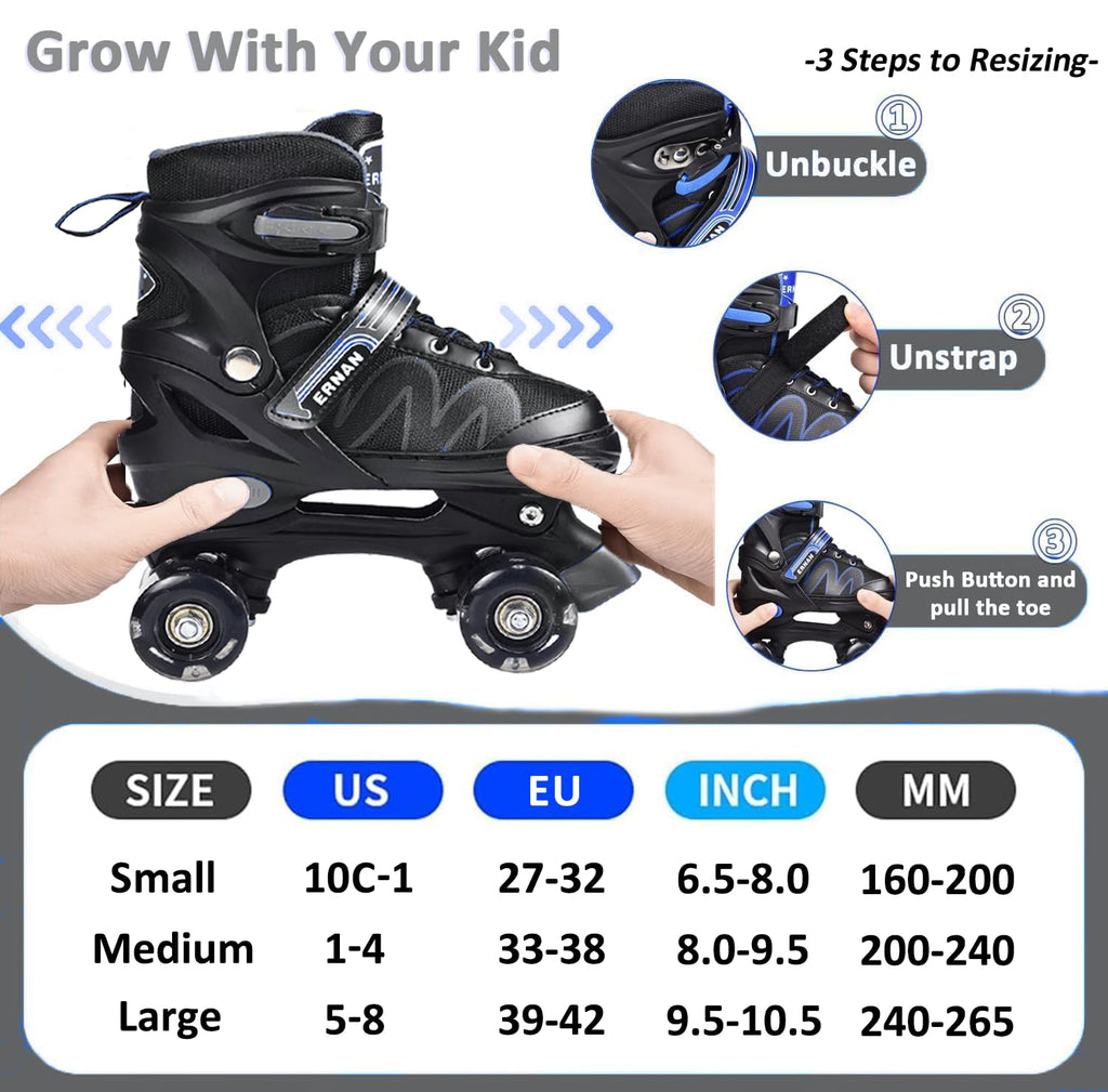 ERNAN Kids Adjustable Roller Skates | 8 Light Up Wheels - White, Small