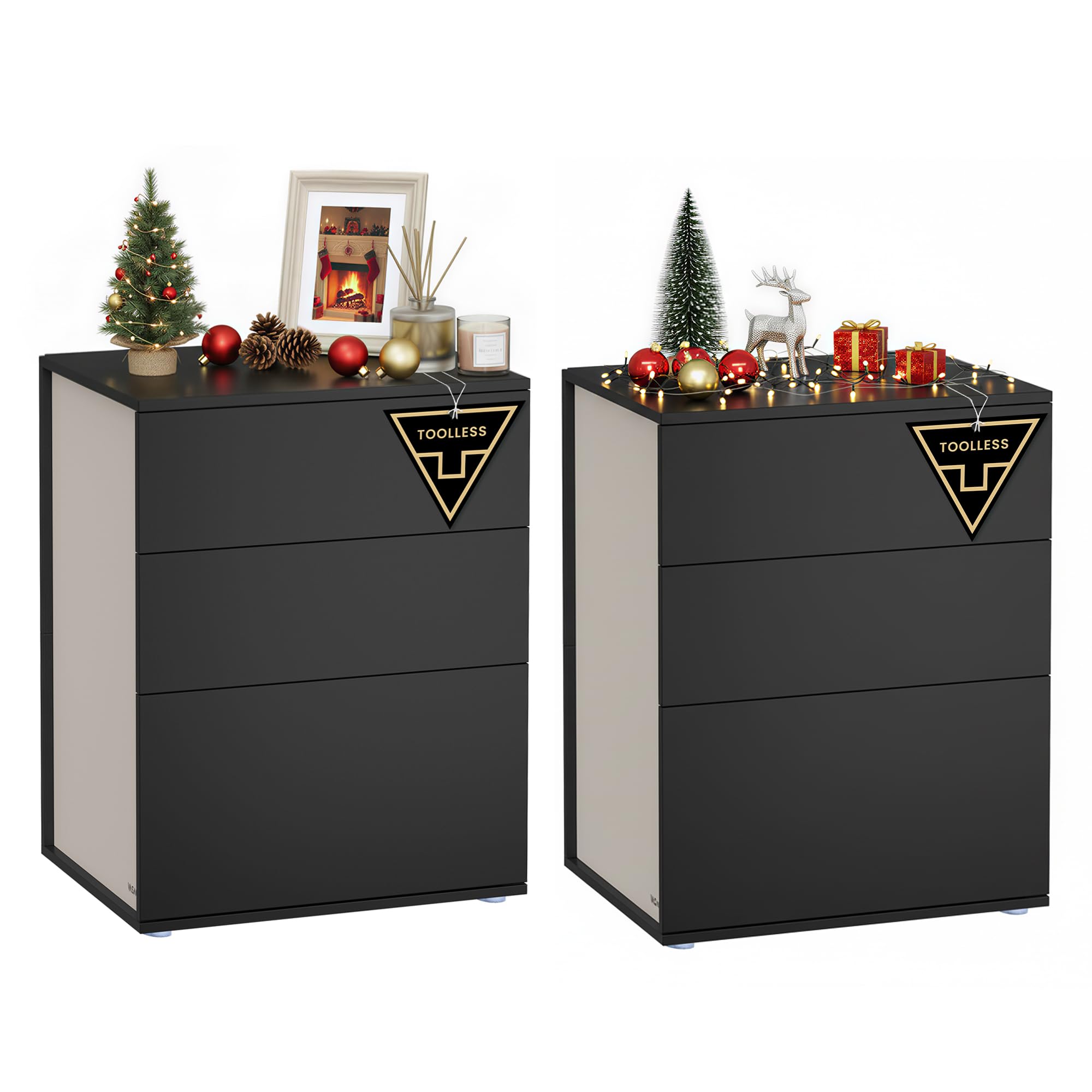 VASAGLE Set of 2 Bedside Tables | 3-Drawer Toolless Nightstand – Black