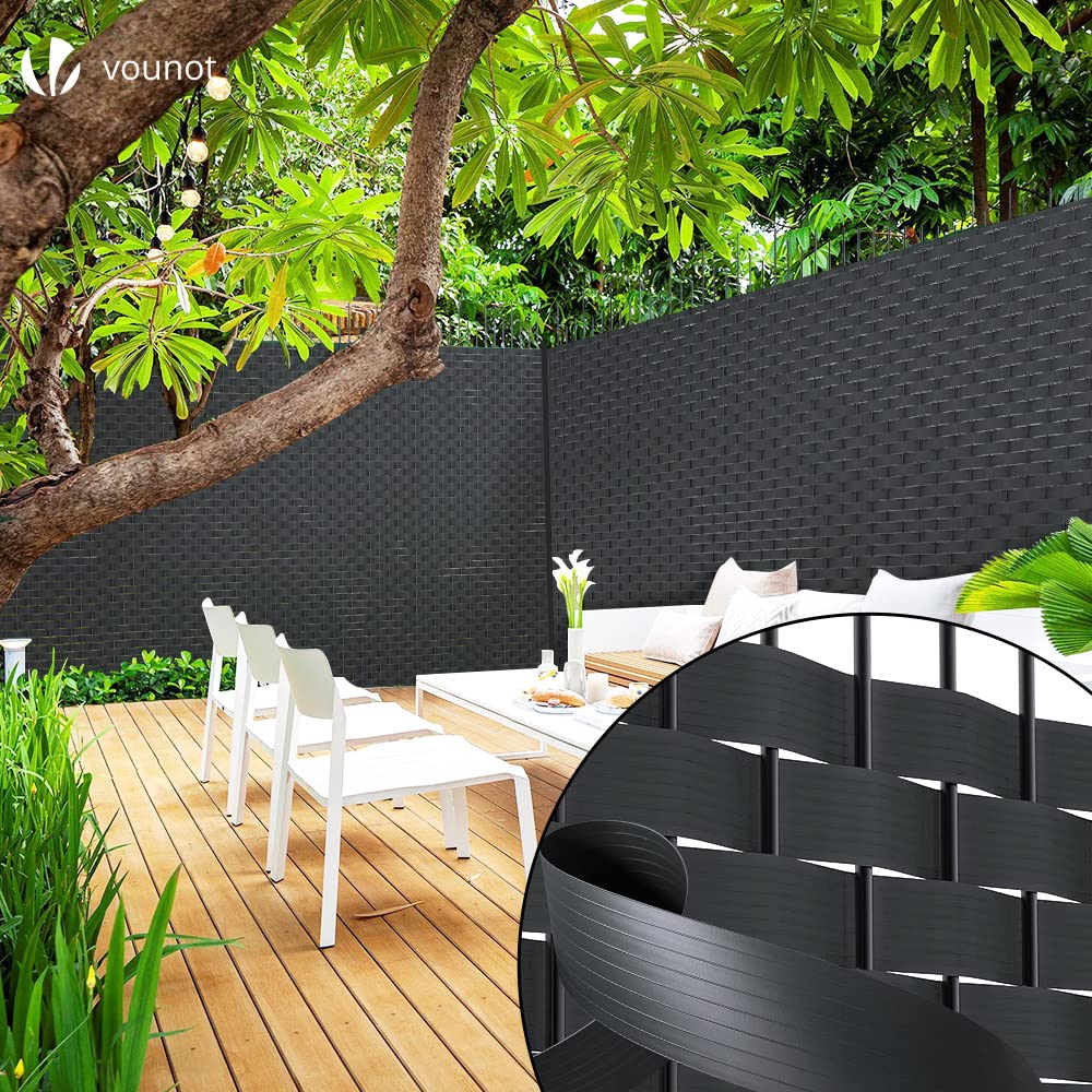 VOUNOT PVC Garden Privacy Fence Strips - 300m x 4.7cm with 600 Clips, Black