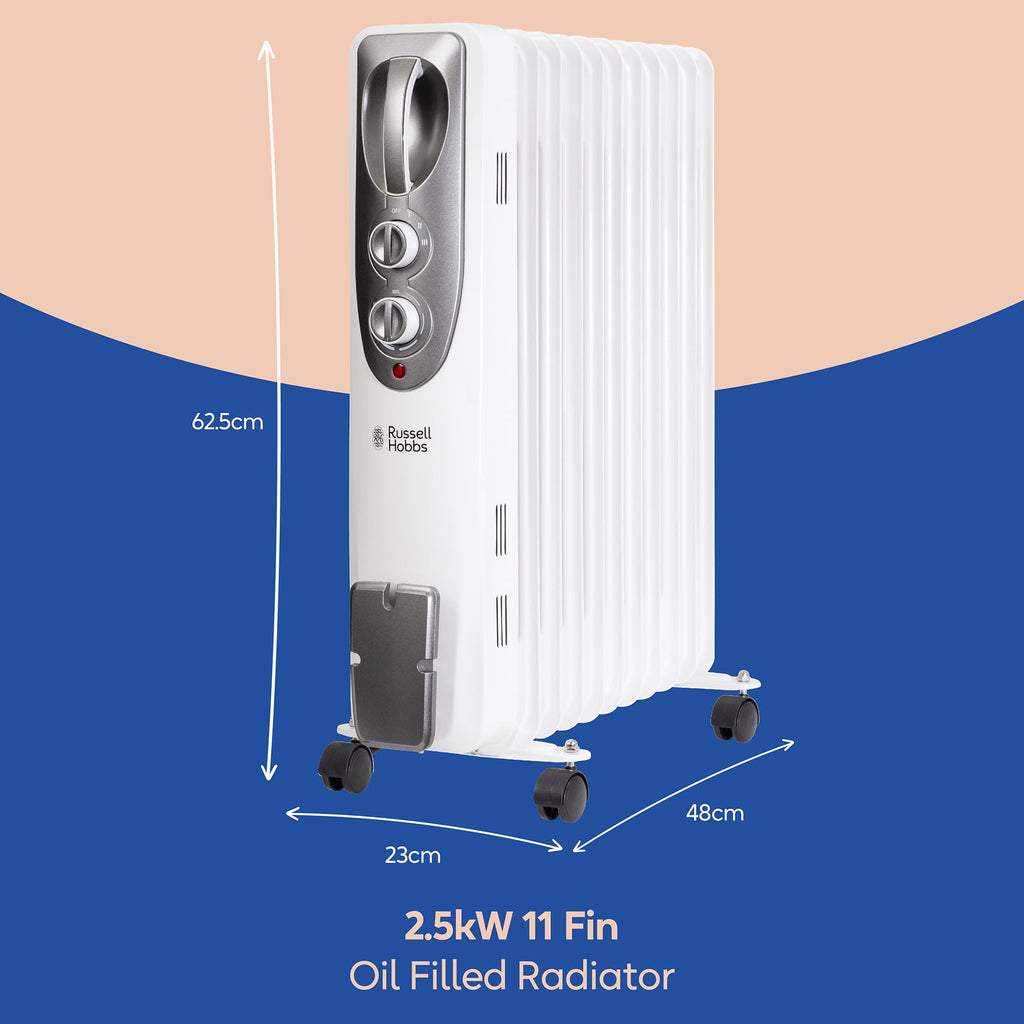 Russell Hobbs 2500W Oil Filled Radiator – 11 Fin Portable Electric Heater
