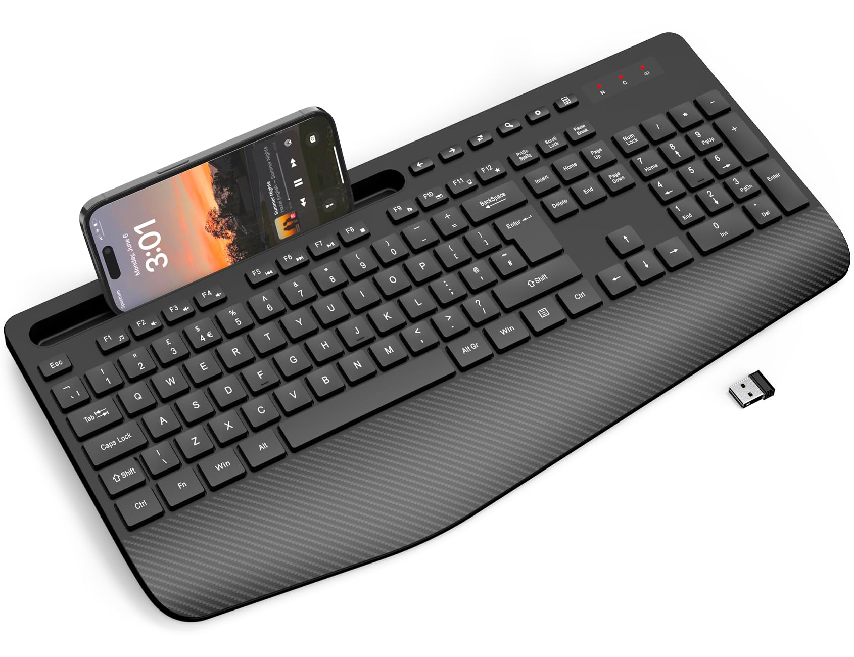 Wireless Ergonomic Keyboard with Wrist Rest & Phone Holder
