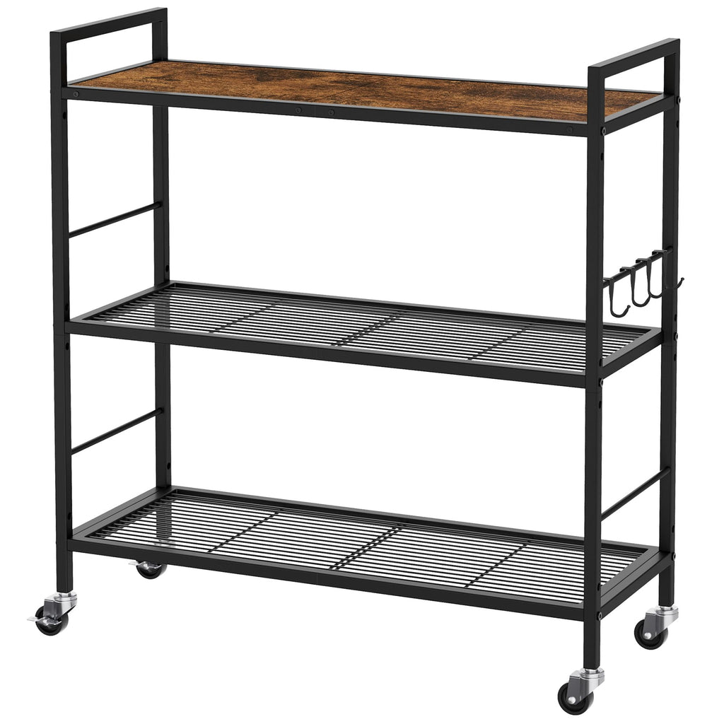 3-Tier kitchen trolley,Brown Wood Top,80W×30Dcm,4 Hooks, Adjustable Shelves - image 1