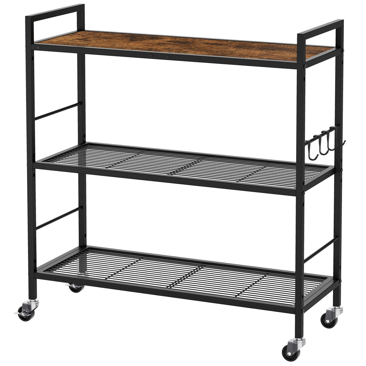 3-Tier kitchen trolley,Brown Wood Top,80W×30Dcm,4 Hooks, Adjustable Shelves - image 1