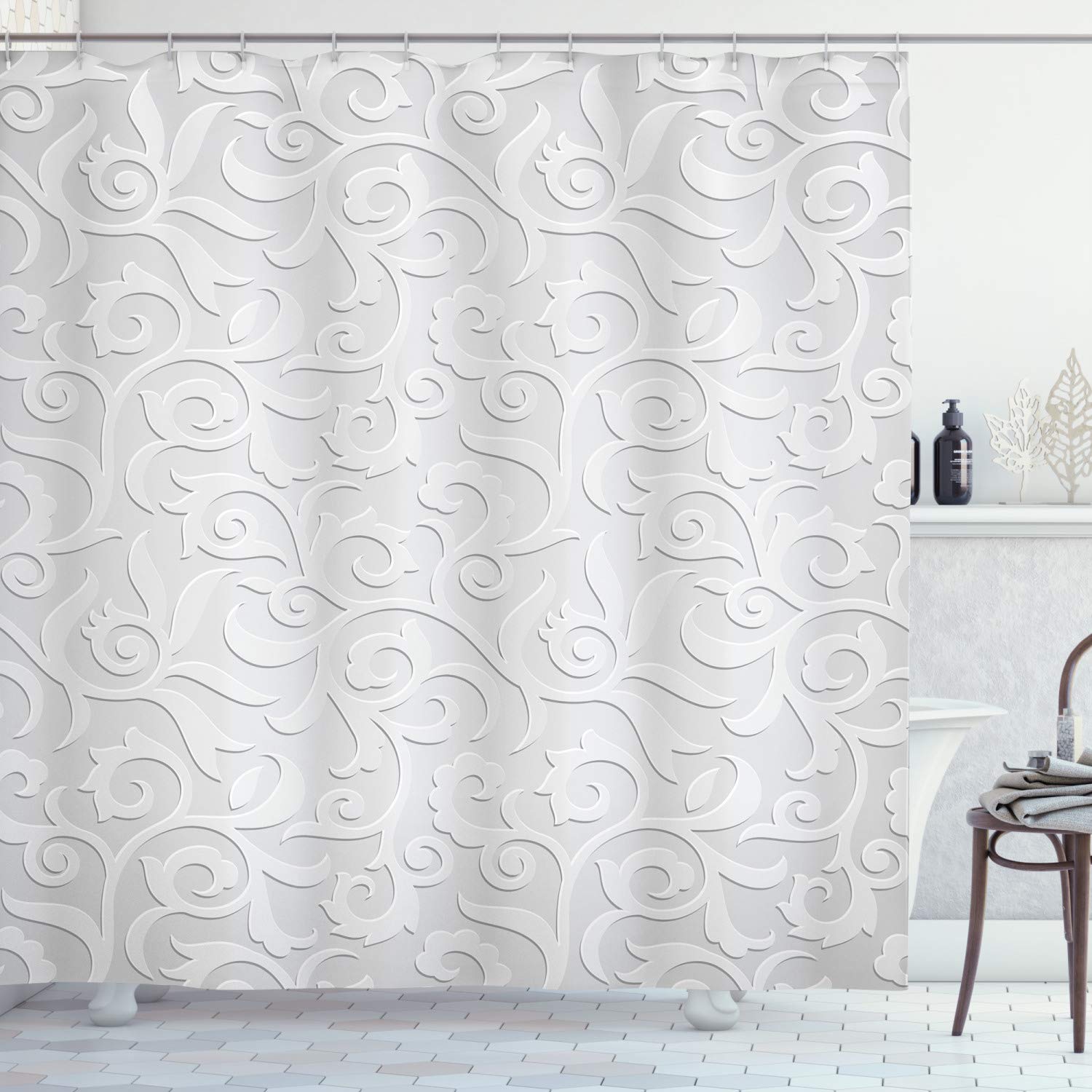 ABAKUHAUS Grey Shower Curtain – Abstract Ivy Floral Fabric Bathroom Decor