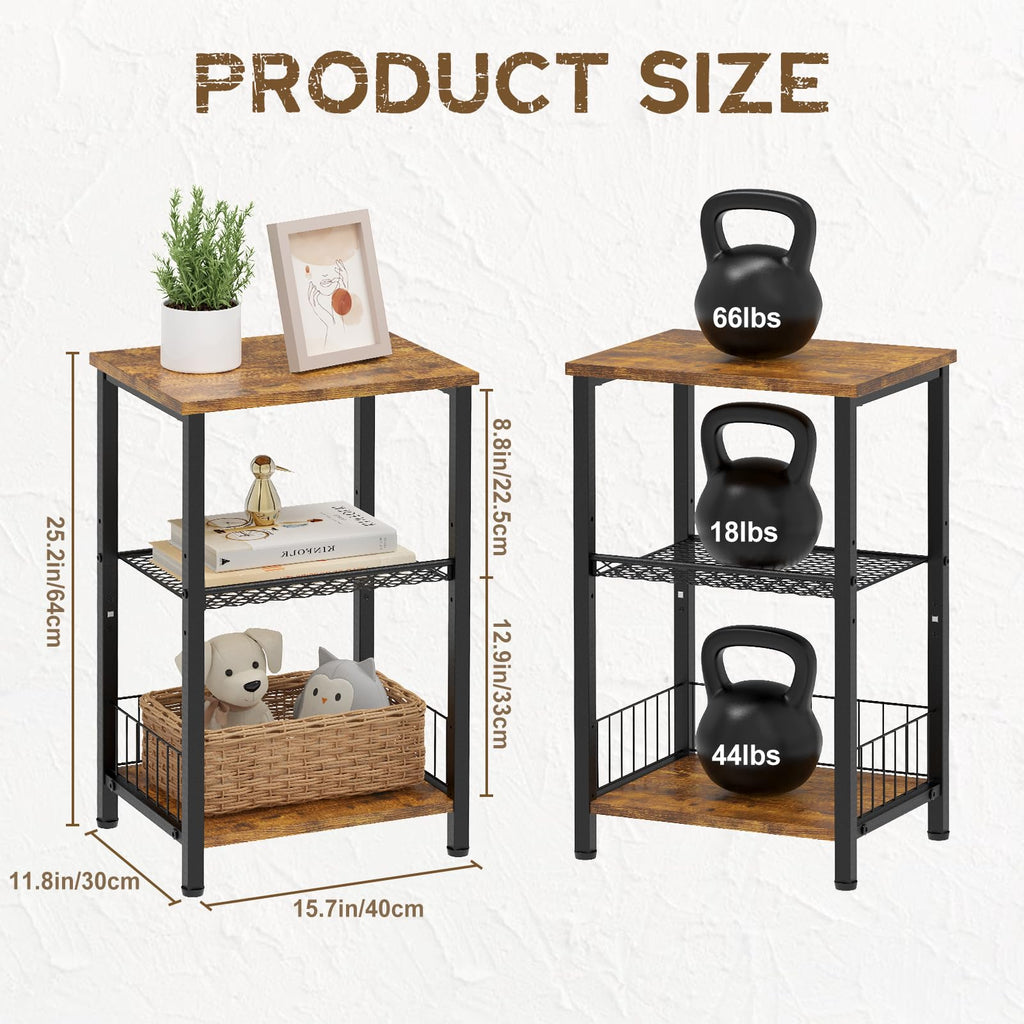 iDavosic.ly 3-Tier Industrial Side Table – Rustic Narrow Nightstand