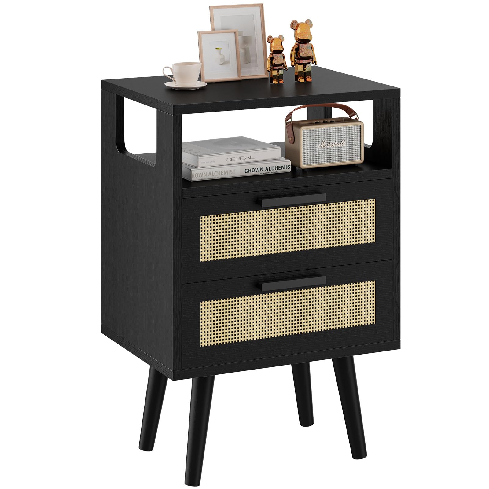Boho Rattan Nightstand – 2-Drawer Wood Side Table with Shelf