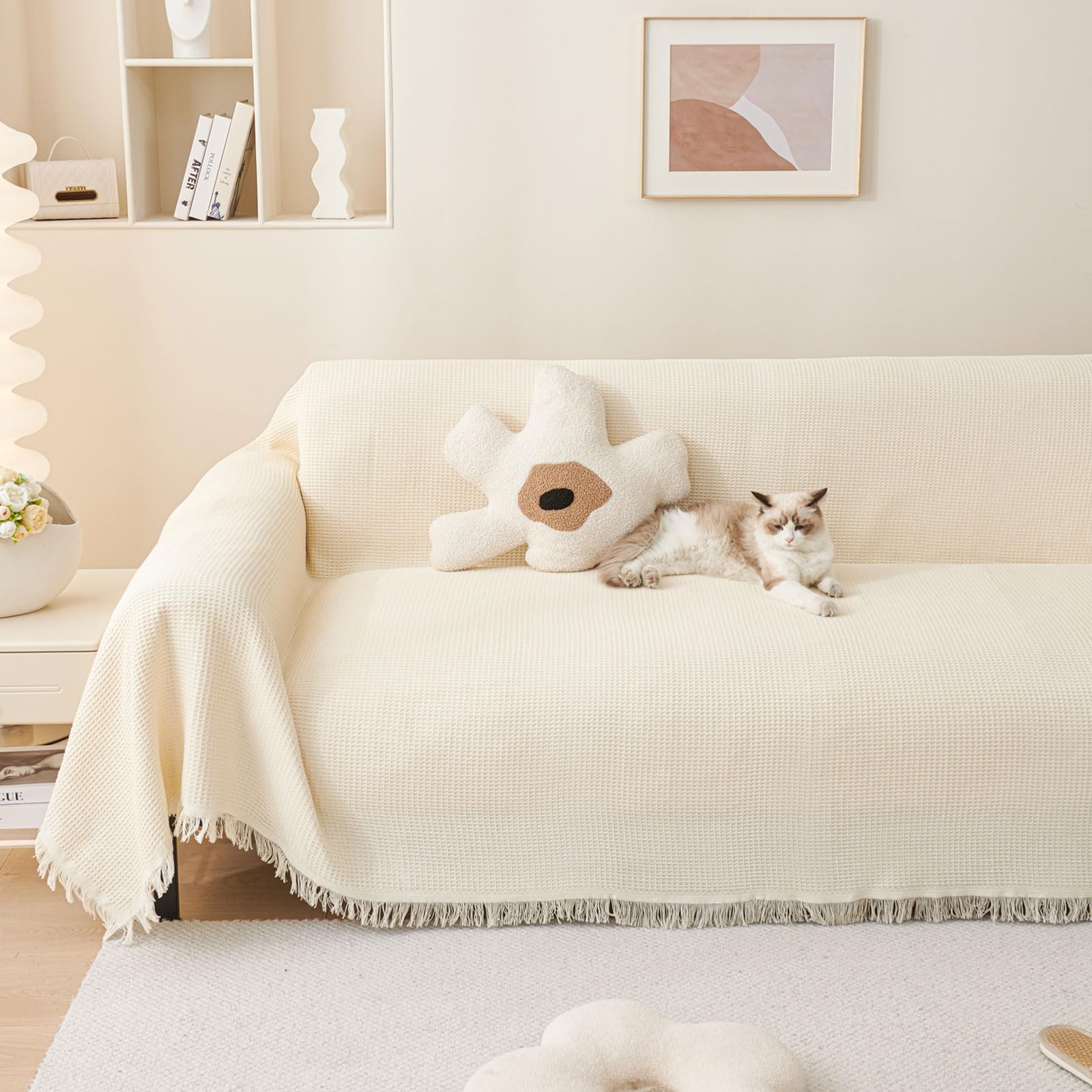 LHGOGO Waffle Pattern Sofa Throw – Large 3 Seater Cotton Blend Cream