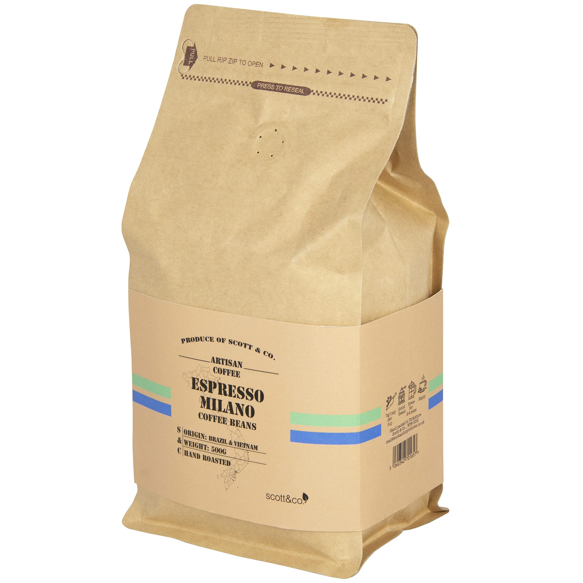 Scott&Co. Espresso Milano Whole Coffee Beans - Arabica & Robusta Mix, 500g
