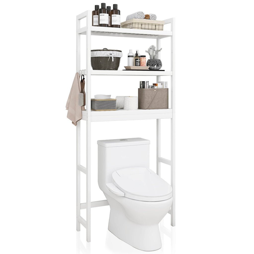 SMIBUY Over-The-Toilet Storage Rack – 3-Tier Adjustable Bamboo Shelf, White