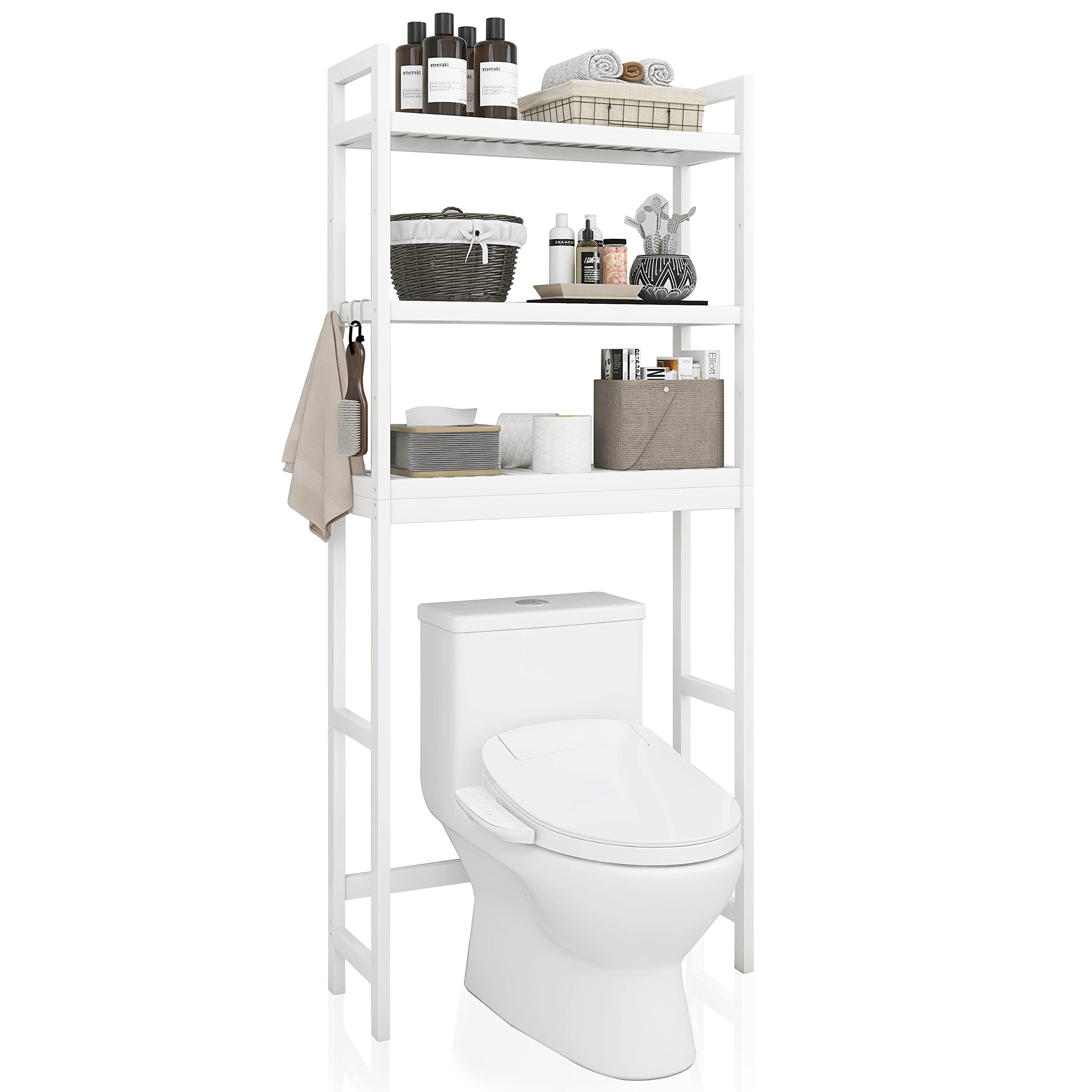 SMIBUY Over-The-Toilet Storage Rack – 3-Tier Adjustable Bamboo Shelf, White