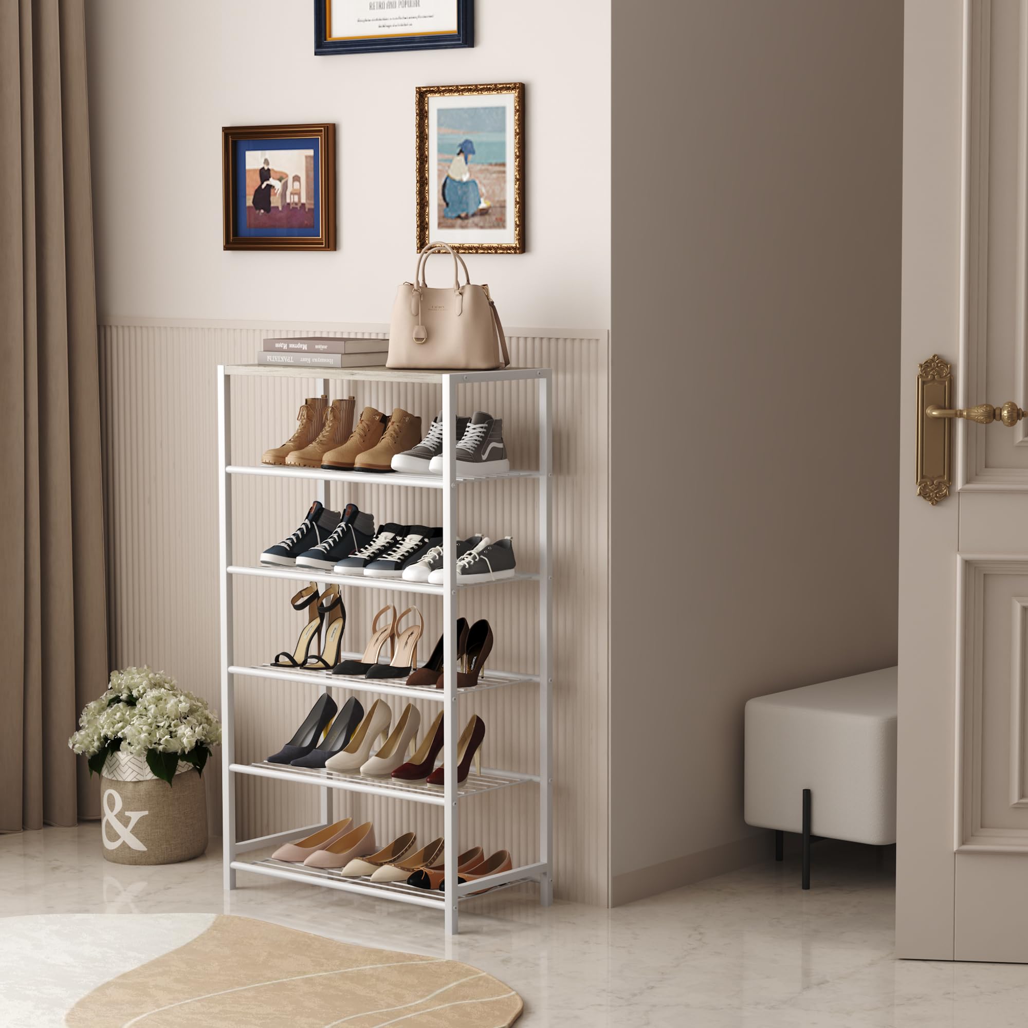 HOME BI 6-Tier Industrial Shoe Rack | Metal Storage Shelf with MDF Top