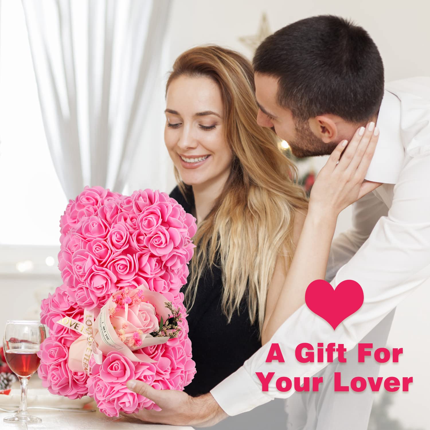 POHOMEGK Handcrafted Pink Rose Teddy Bear with I Love You Necklace