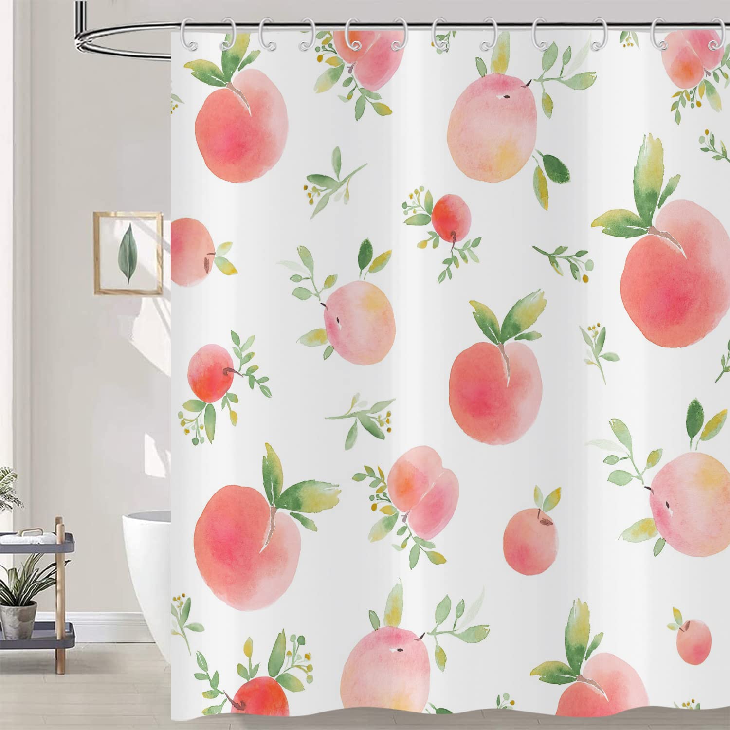 Hnmdmyi Peach Fruit Shower Curtain | Waterproof Polyester Bath Decor with Hooks
