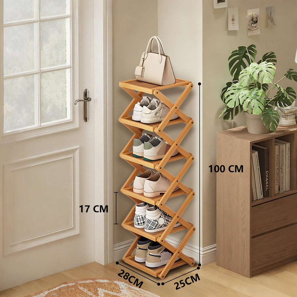 YYW Shoe Rack, Foldable Shoes Organizer Free Standing Shelf for Entryway, Closet, Hallway, Foldable X Shape Multi Tier Shoe Rack Wood Color,6 Layers - image 2