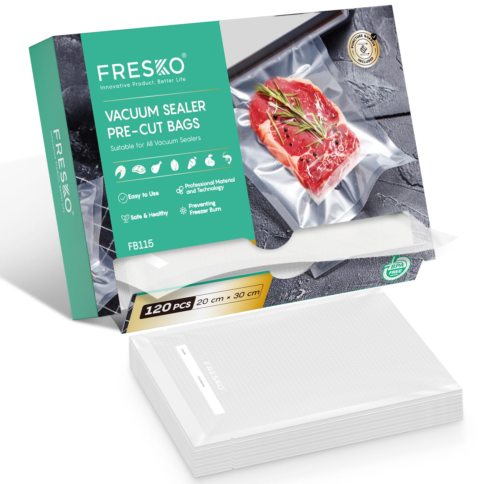 FRESKO Vacuum Sealer Bags – 120 Count 20x30cm Embossed BPA Free Bags
