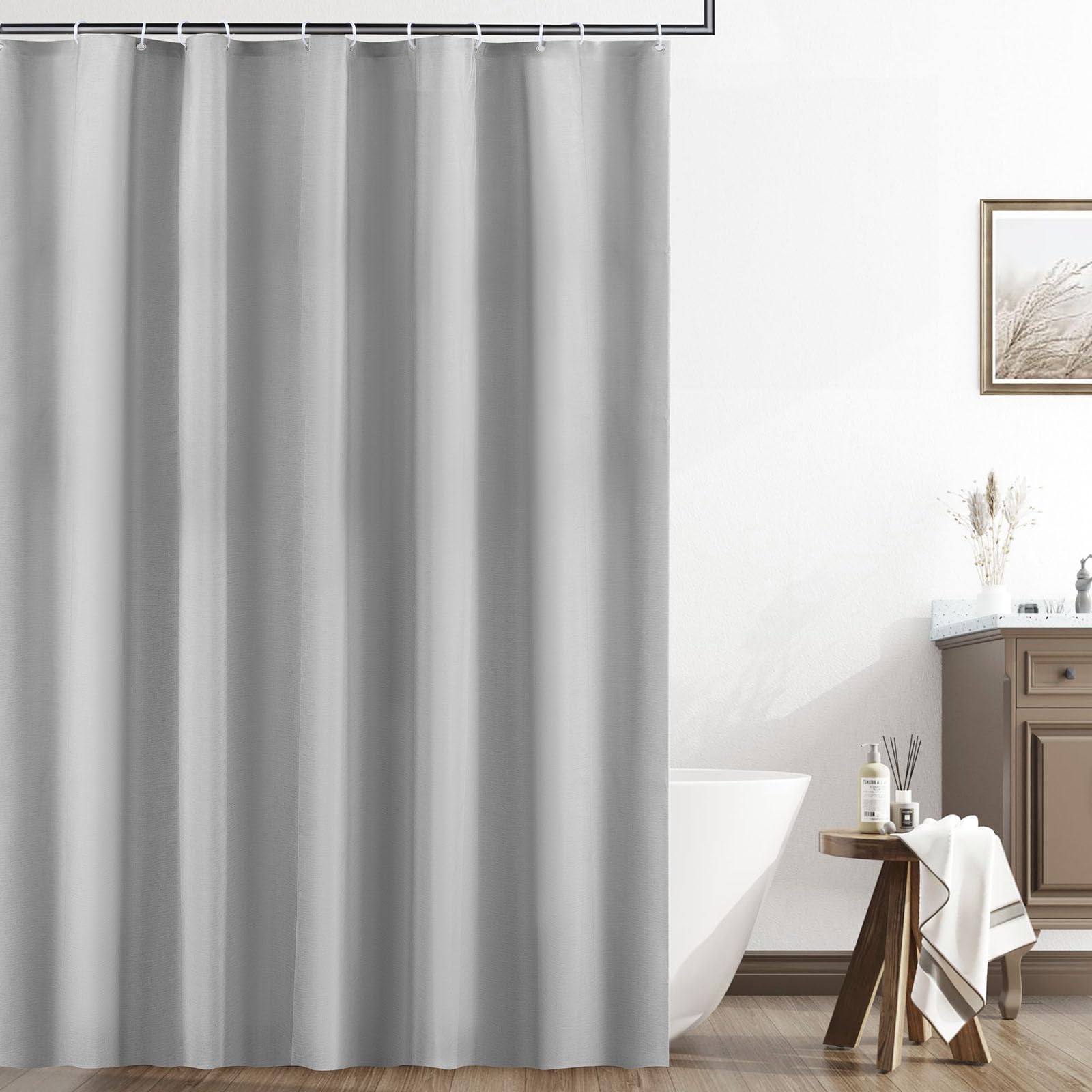 EZESO Grey Linen Shower Curtain – 230GSM Weighted Waterproof Fabric