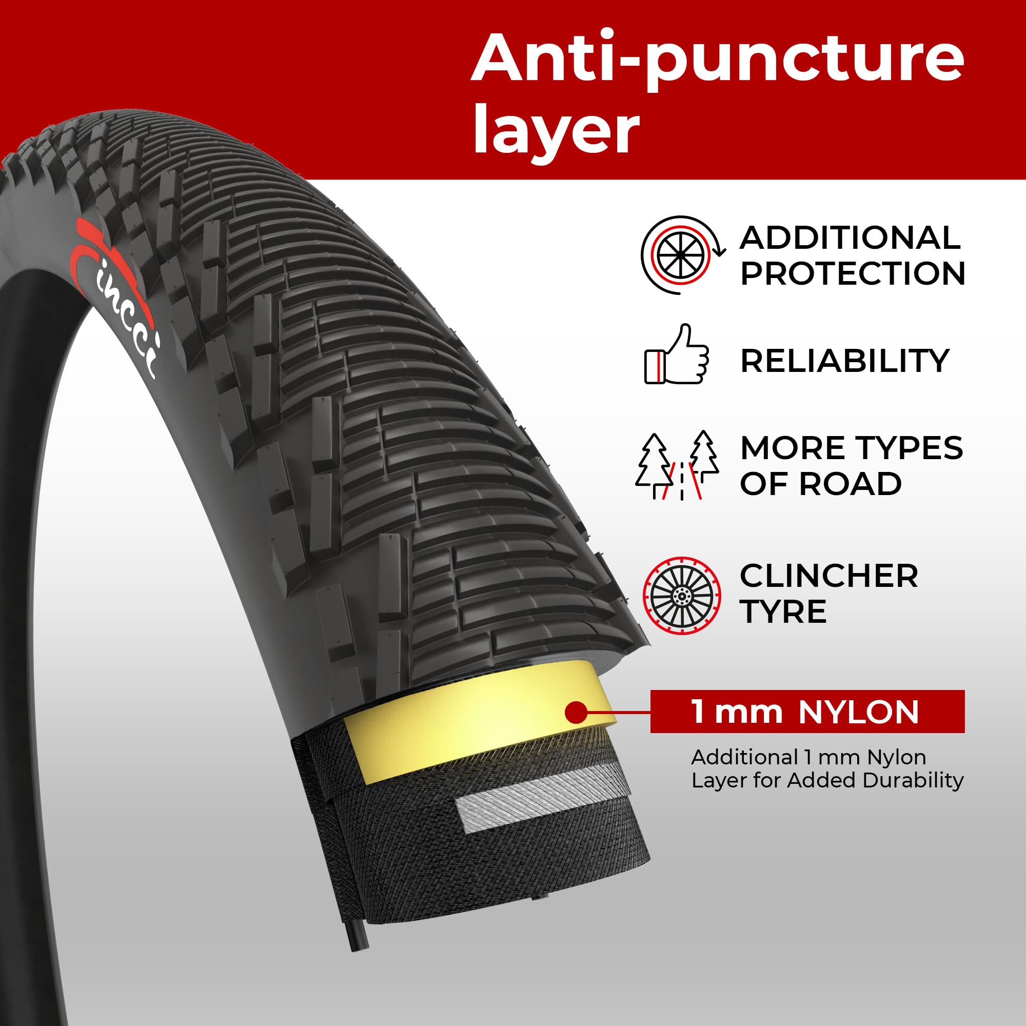 Fincci 26x1.95 MTB Hybrid Bike Tyres | 3mm Anti-Puncture 60 TPI (Pair)