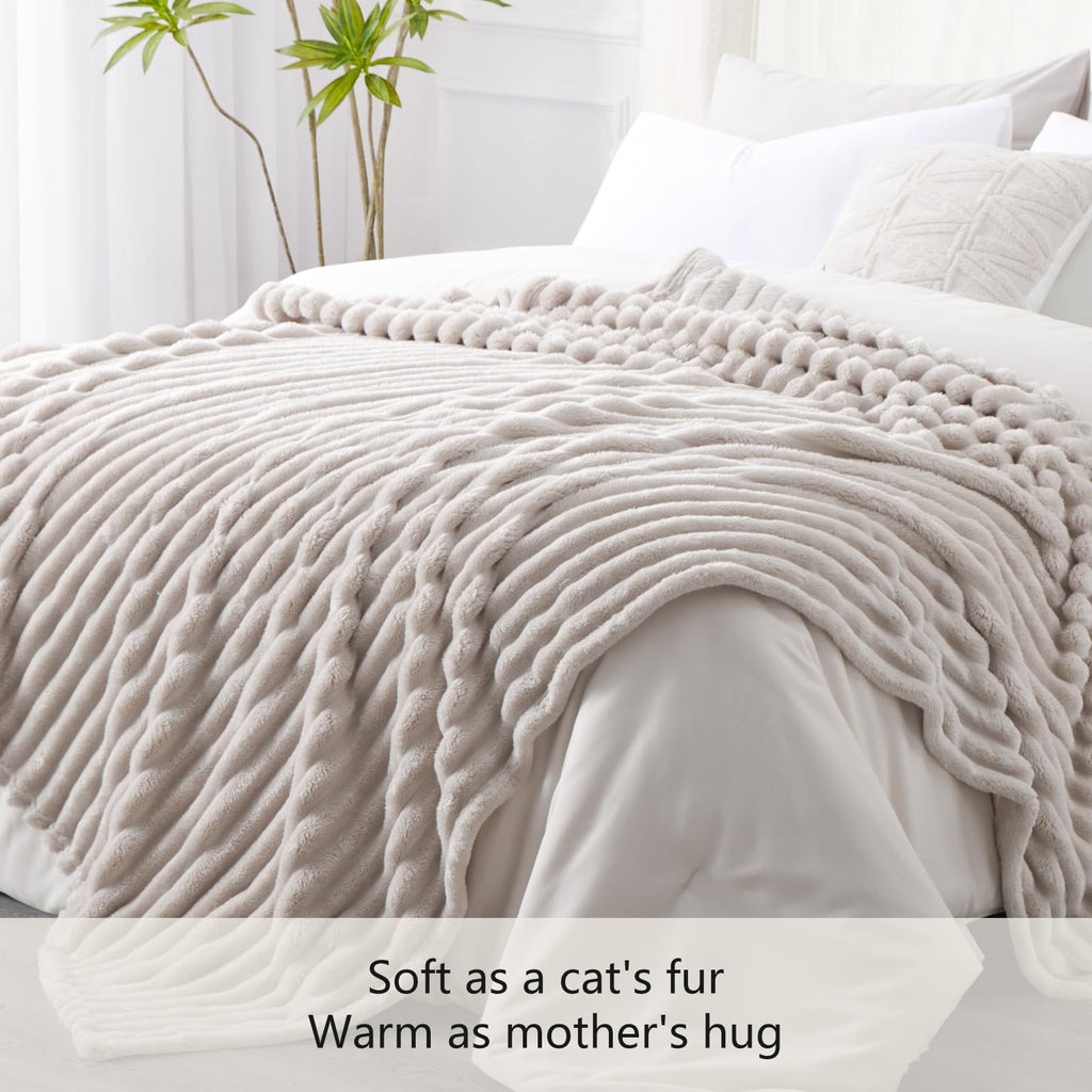 RUIKASI Fleece Throw Blanket – King Size Ribbed Beige Sofa Blanket