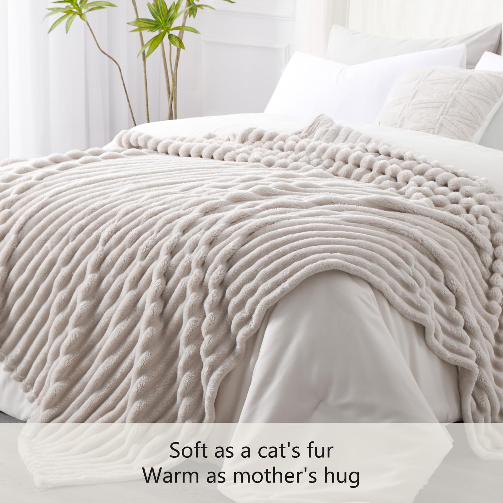 RUIKASI Fleece Throw Blanket – King Size Ribbed Beige Sofa Blanket