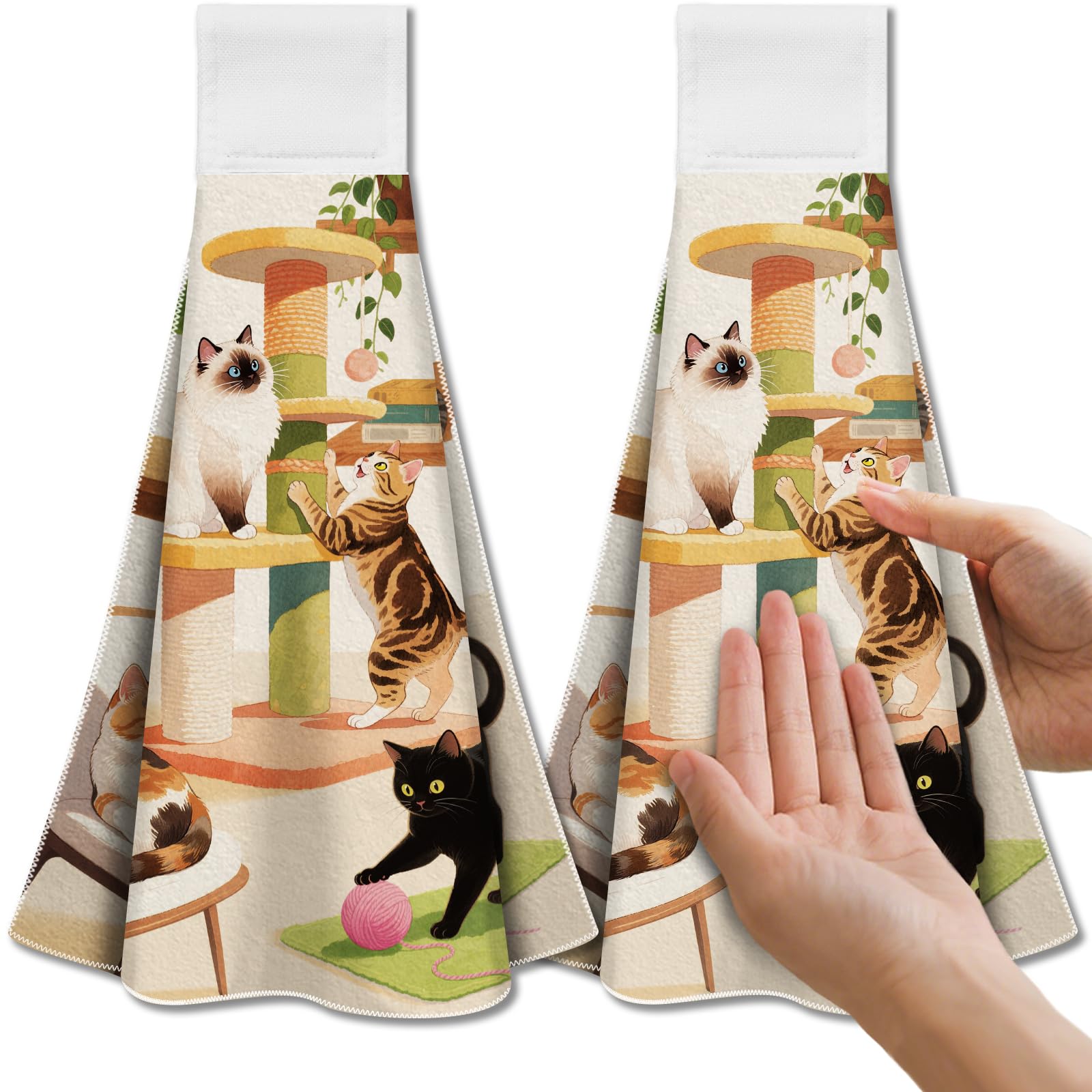 CUTHOLLOW 2Pcs Cat & Flower Microfiber Kitchen Tea Towels with Hanging Loop