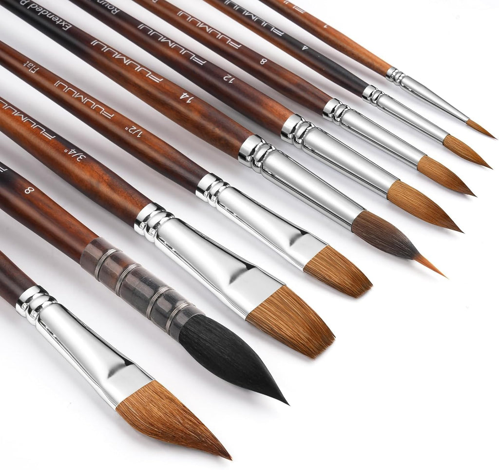 Fuumuui Professional Sable & Squirrel Hair Watercolour Brushes - 9pc Set