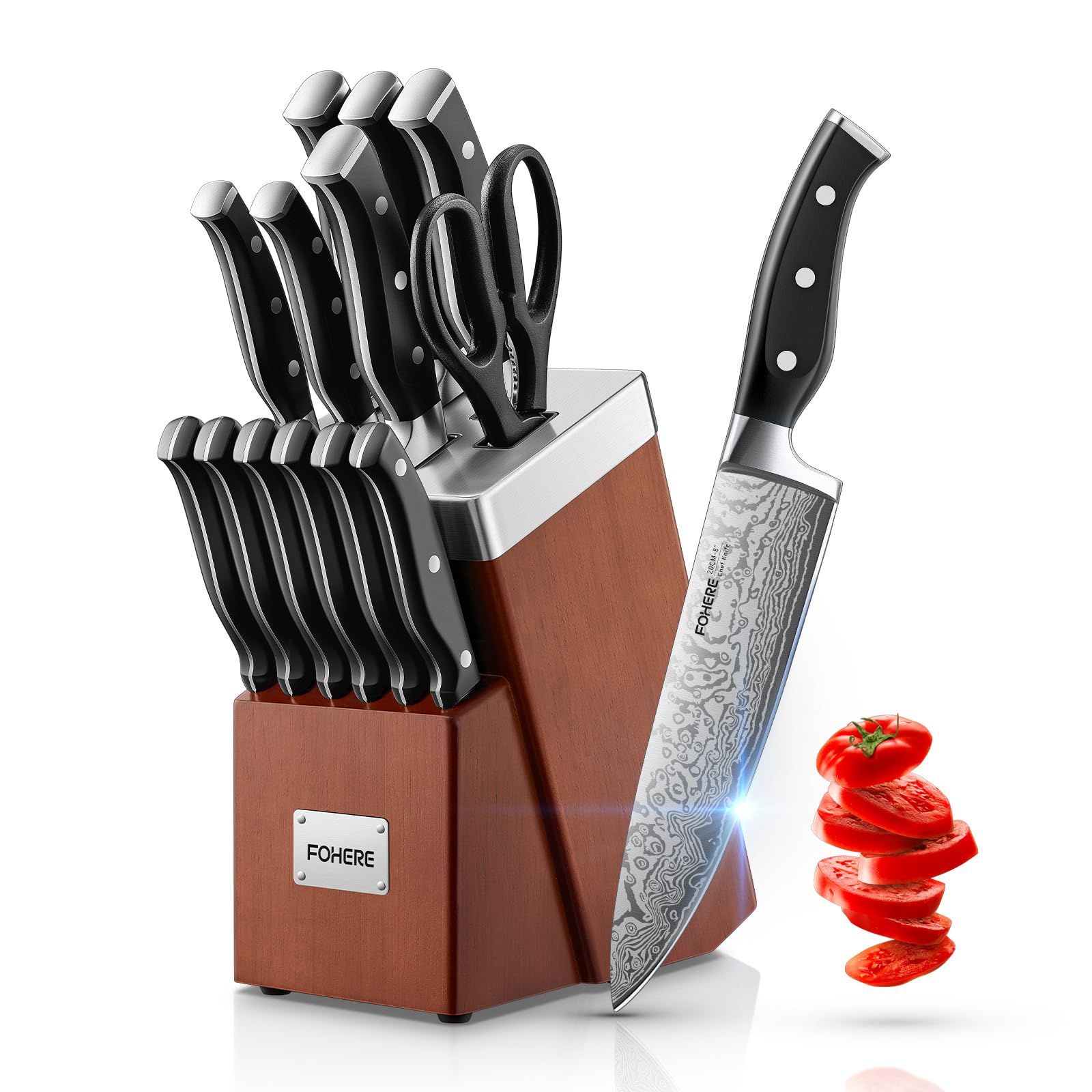 FOHERE 14-Piece Kitchen Knife Set with Block and Built-in Sharpener