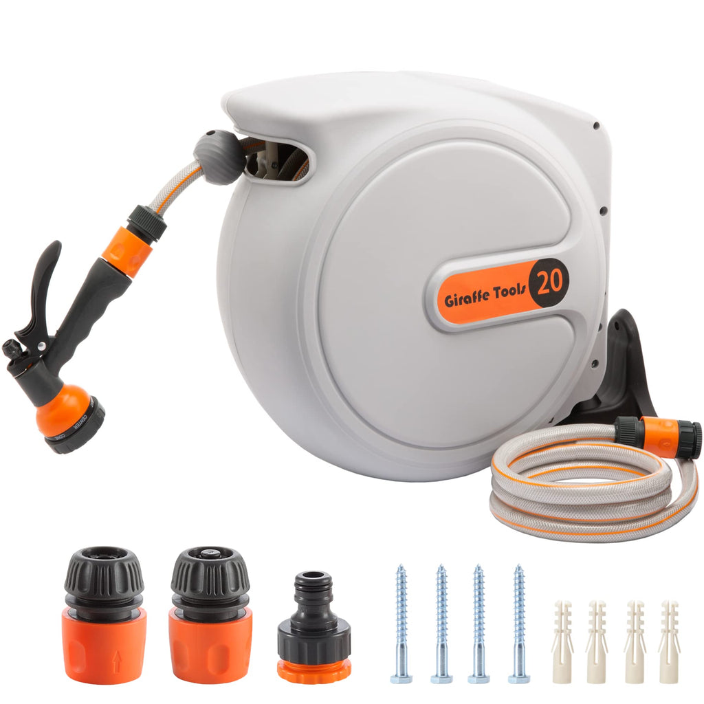 Giraffe Tools Wall Mounted Retractable Garden Hose Reel - 20m + 2m