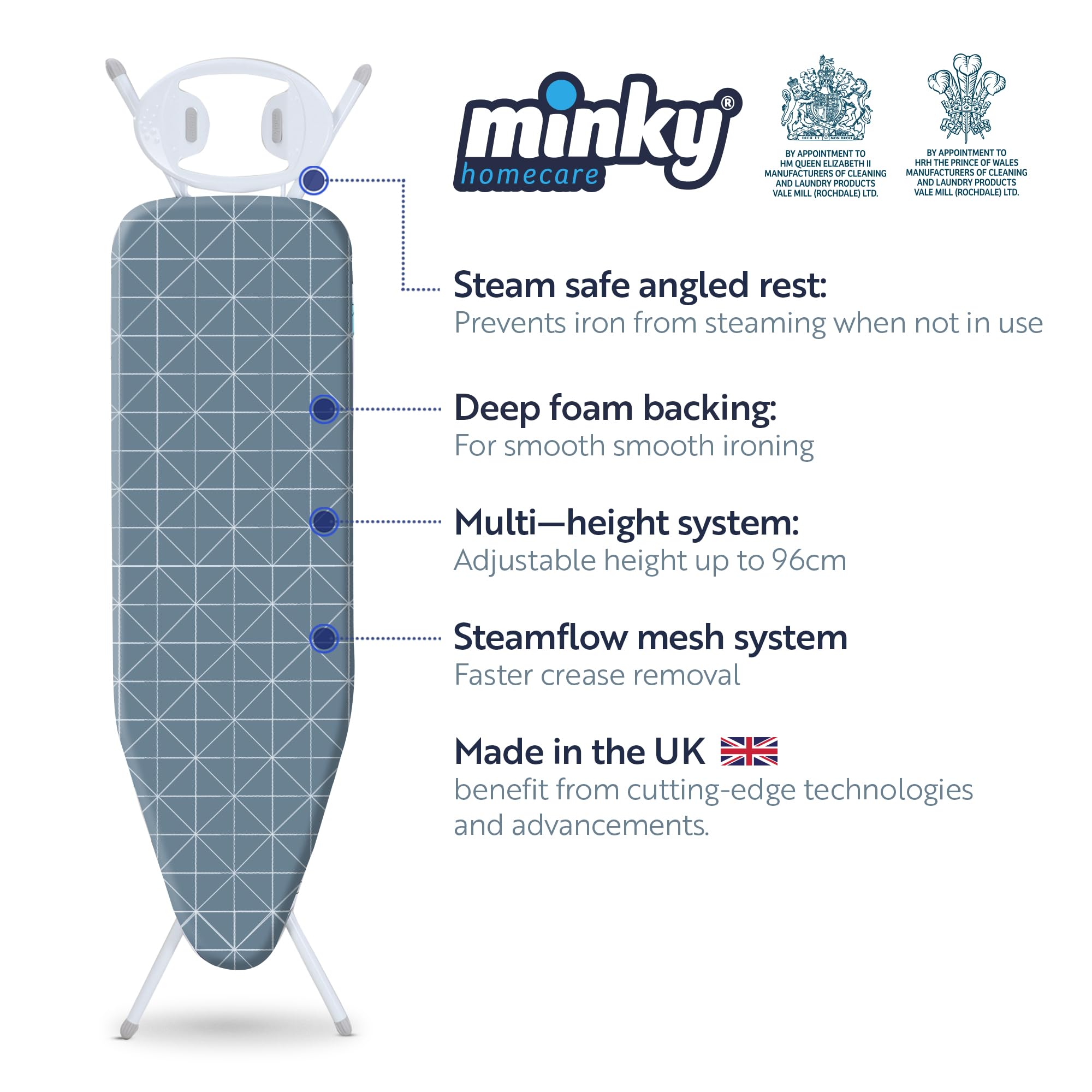 Minky Expert Ironing Board – 122 x 38cm Blue Patterned Laundry Board