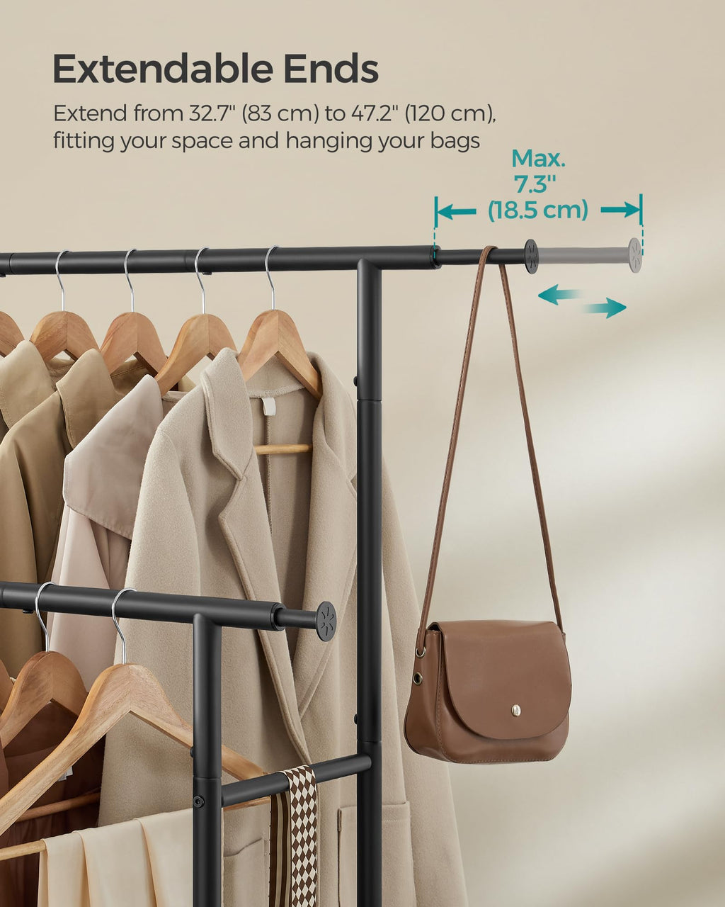 SONGMICS Double Clothes Rail – Extendable Heavy-Duty Metal Rack, Ink