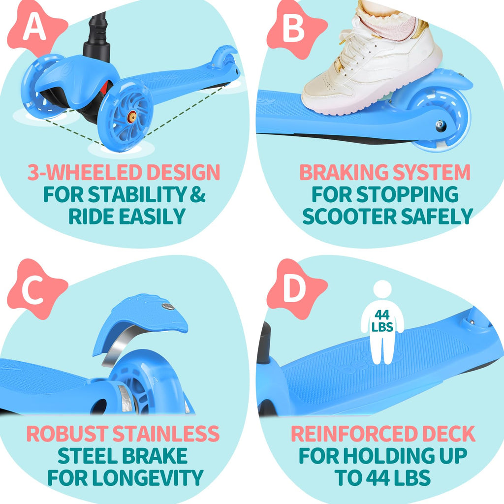 BELEEV 3 Wheel Scooter for Kids Ages 2-6 | Light-Up Wheels & Adjustable Height
