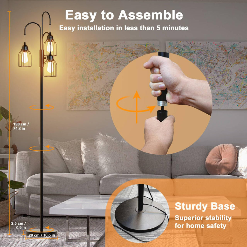 Jolof Store Industrial Floor Lamp – 190cm Dimmable Tree Lamp with 3 Bulbs