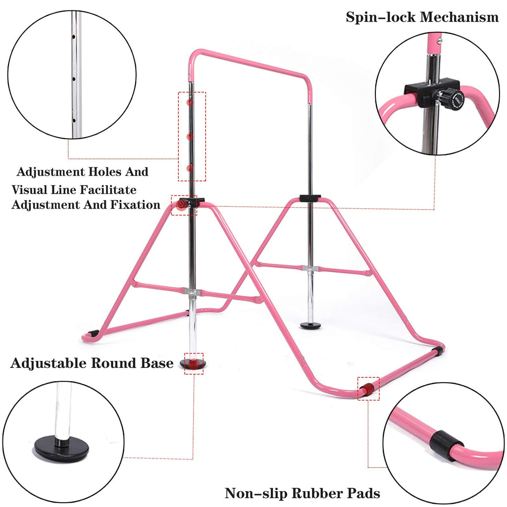 Kids Gymnastics Bar with Flying Rings - Adjustable Pink Gym Bar