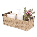 Paper Rope Storage Wicker Baskets for Toilet Tank Top with Wooden Handle Small Decorative Organizer Bin Rectangular Tray for Countertop Shelf Beige - image 1