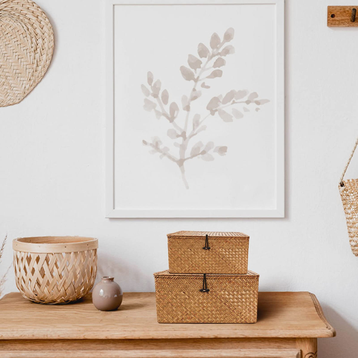 Wicker Storage Basket Woven Rattan Storage Box With Lids Seagrass Laundry Baskets Makeup Organizer For Bathroom, Living Room, Kitchen XXL
