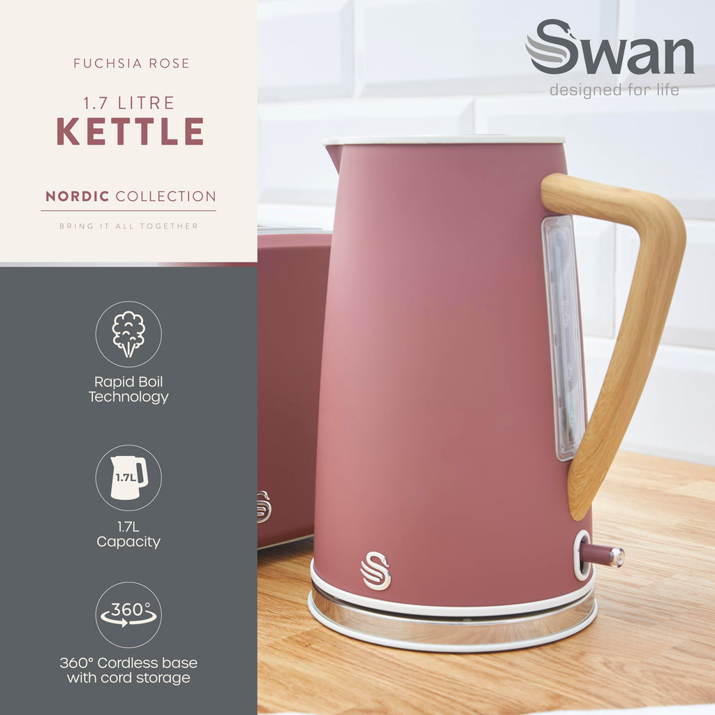 Swan Nordic Cordless Electric Kettle | 1.7L Rapid Boil | Fuchsia Rose