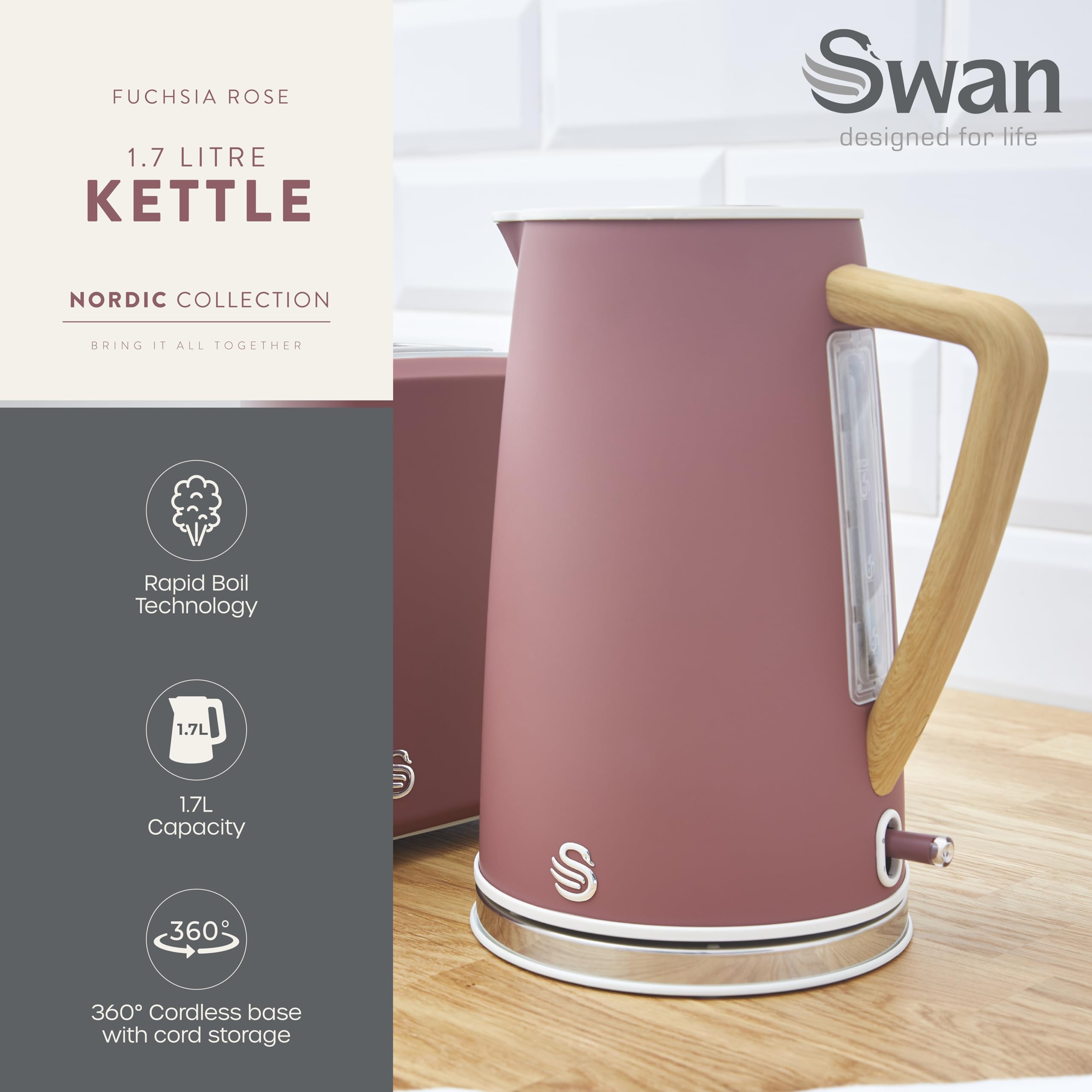 Swan Nordic Cordless Electric Kettle | 1.7L Rapid Boil | Fuchsia Rose