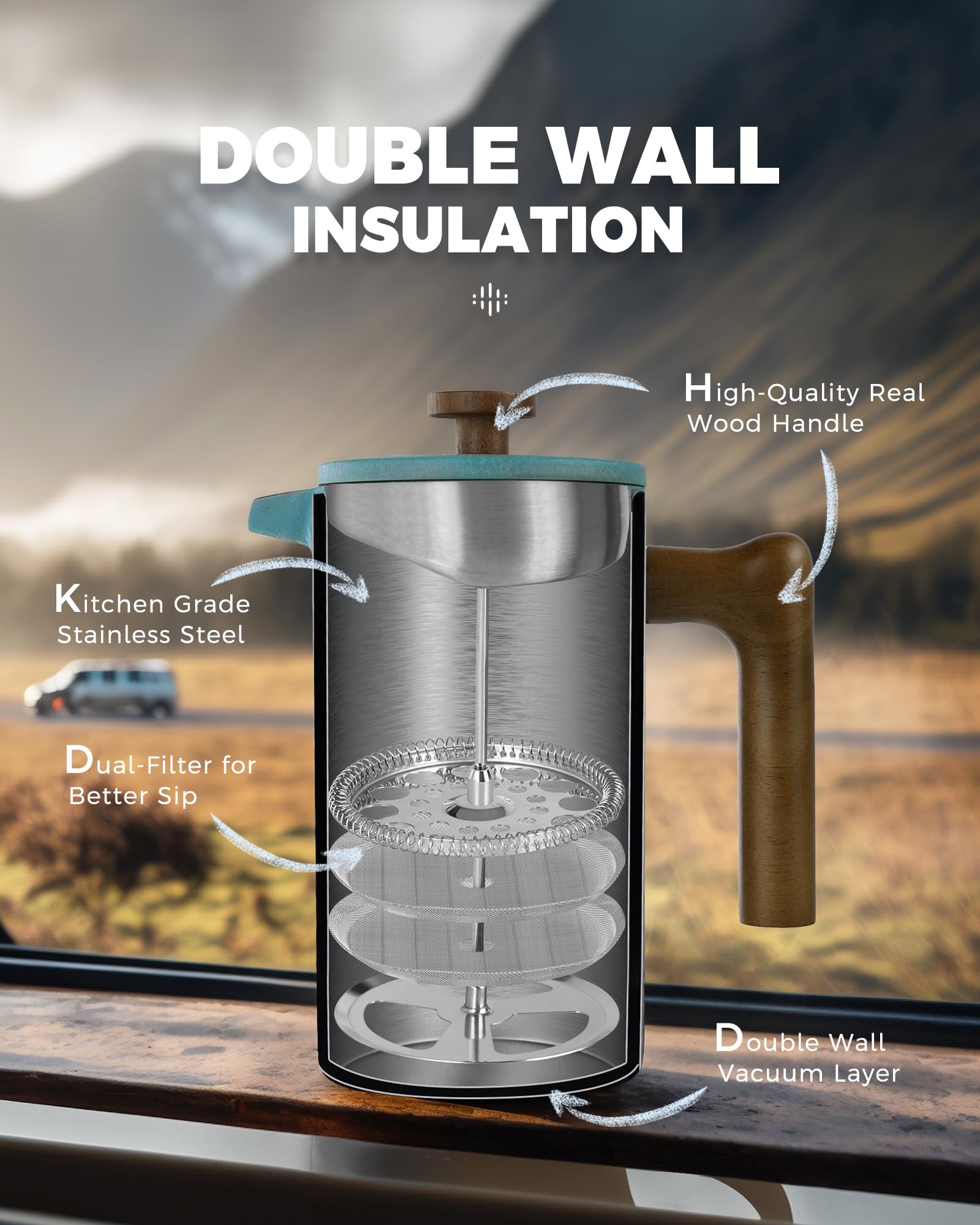 Poliviar French Press Coffee Maker - 1L Insulated Stainless Steel Cafetiere