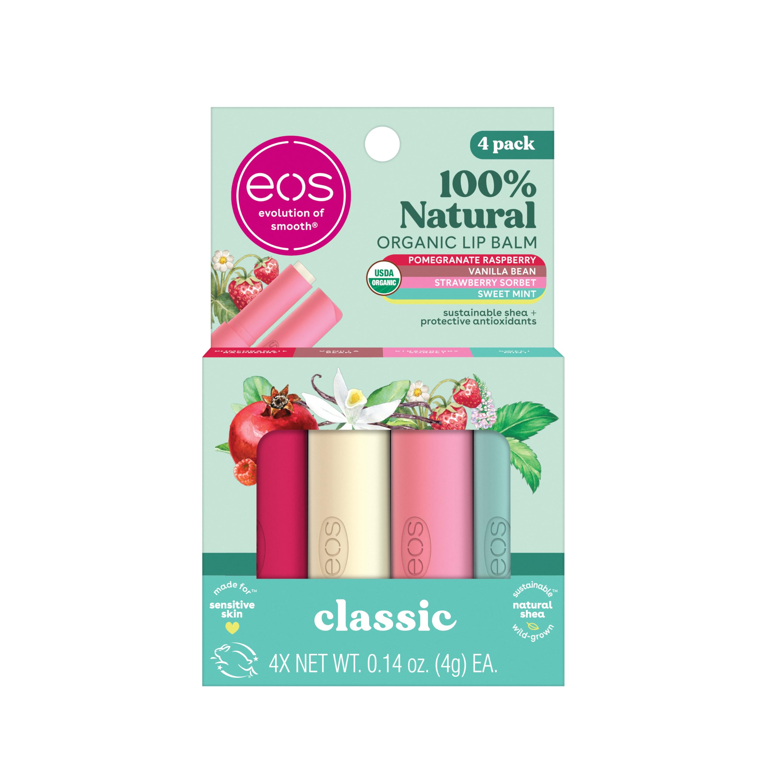 EOS Organic Lip Balm Sticks - 4-Pack Variety Set - 100% Natural