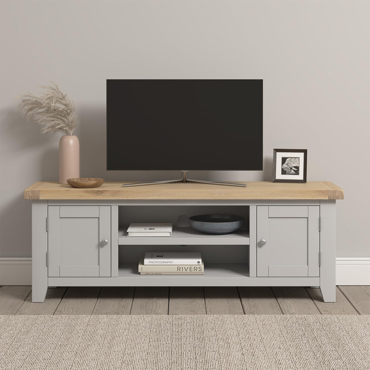 Seconique Windsor Straight Tv Unit in Pebble Grey/Oak