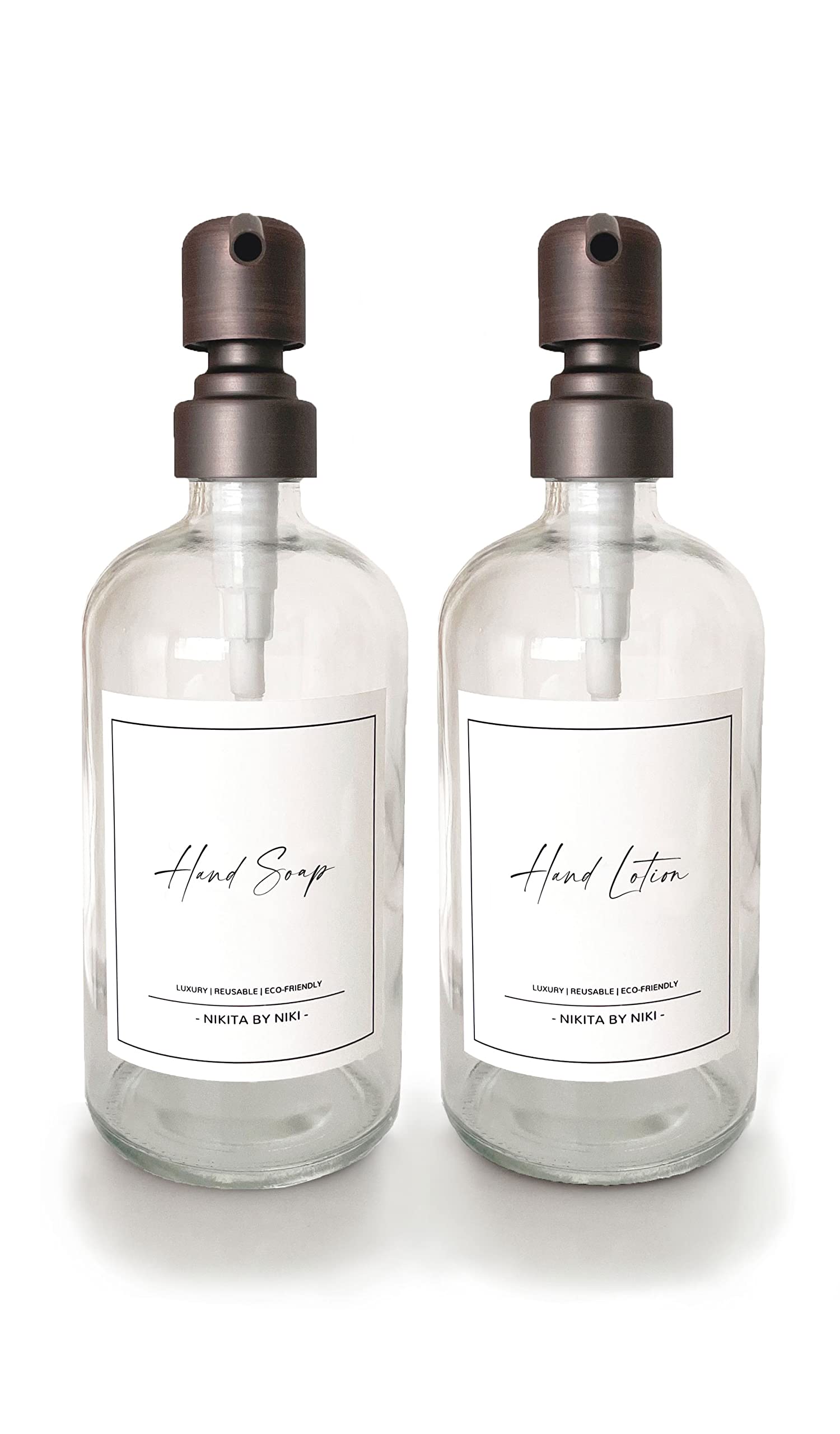 NIKITA Clear Glass Soap Dispenser Set - 500ml Silver Stainless Steel
