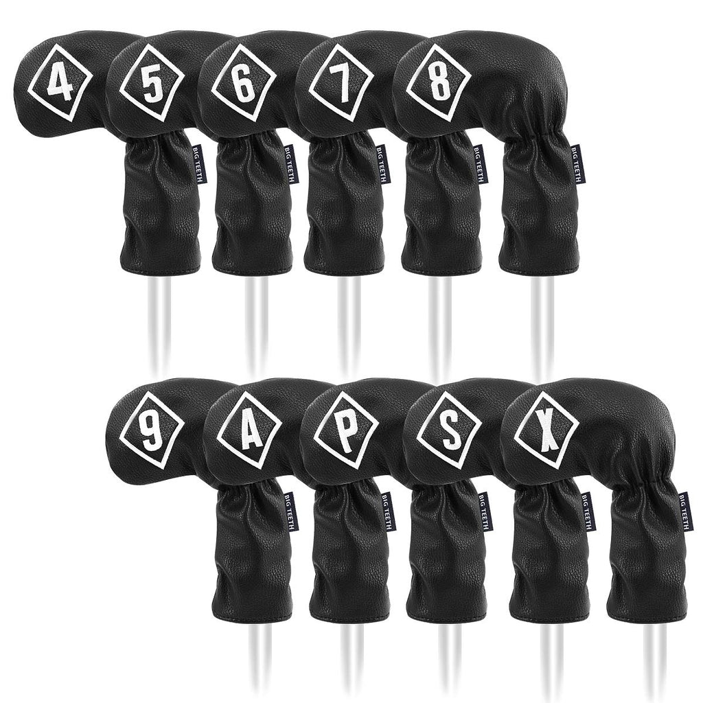 Big Teeth Golf Iron Head Covers - 10Pc Black PU Leather Club Protectors