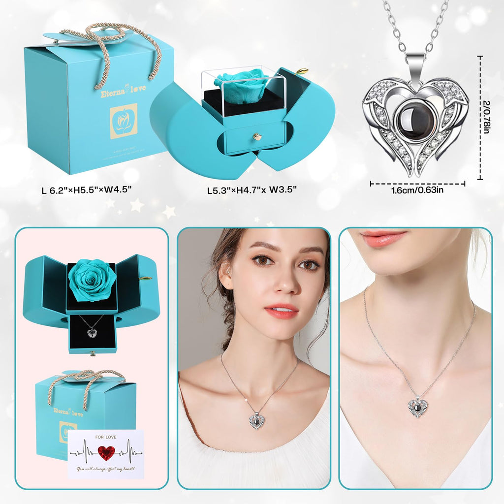 Jolof Store Preserved Real Rose Gift Box with 100 Languages Necklace