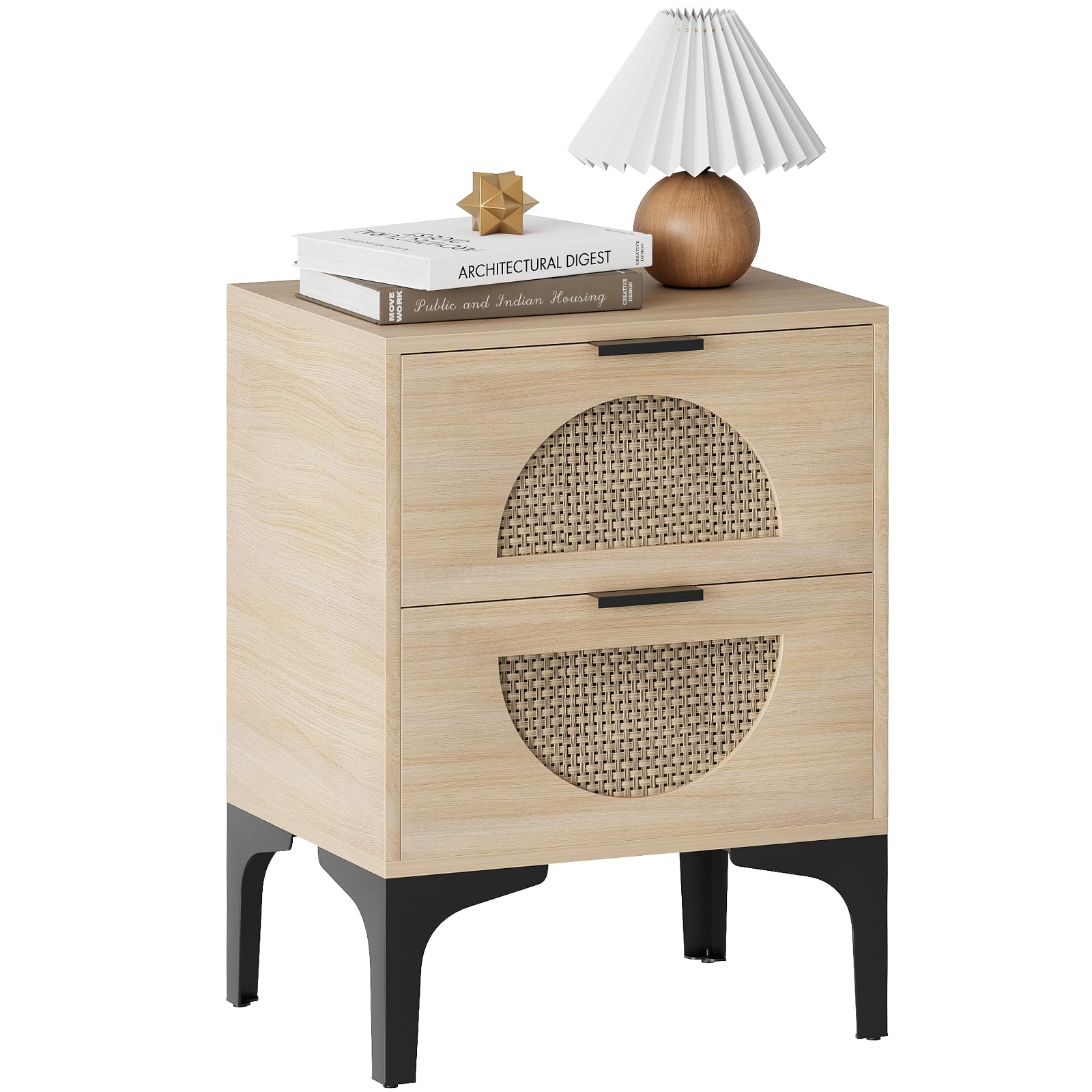 Jolof Store Modern Rattan Nightstand – Boho Wood Bedside Table with 2 Drawers