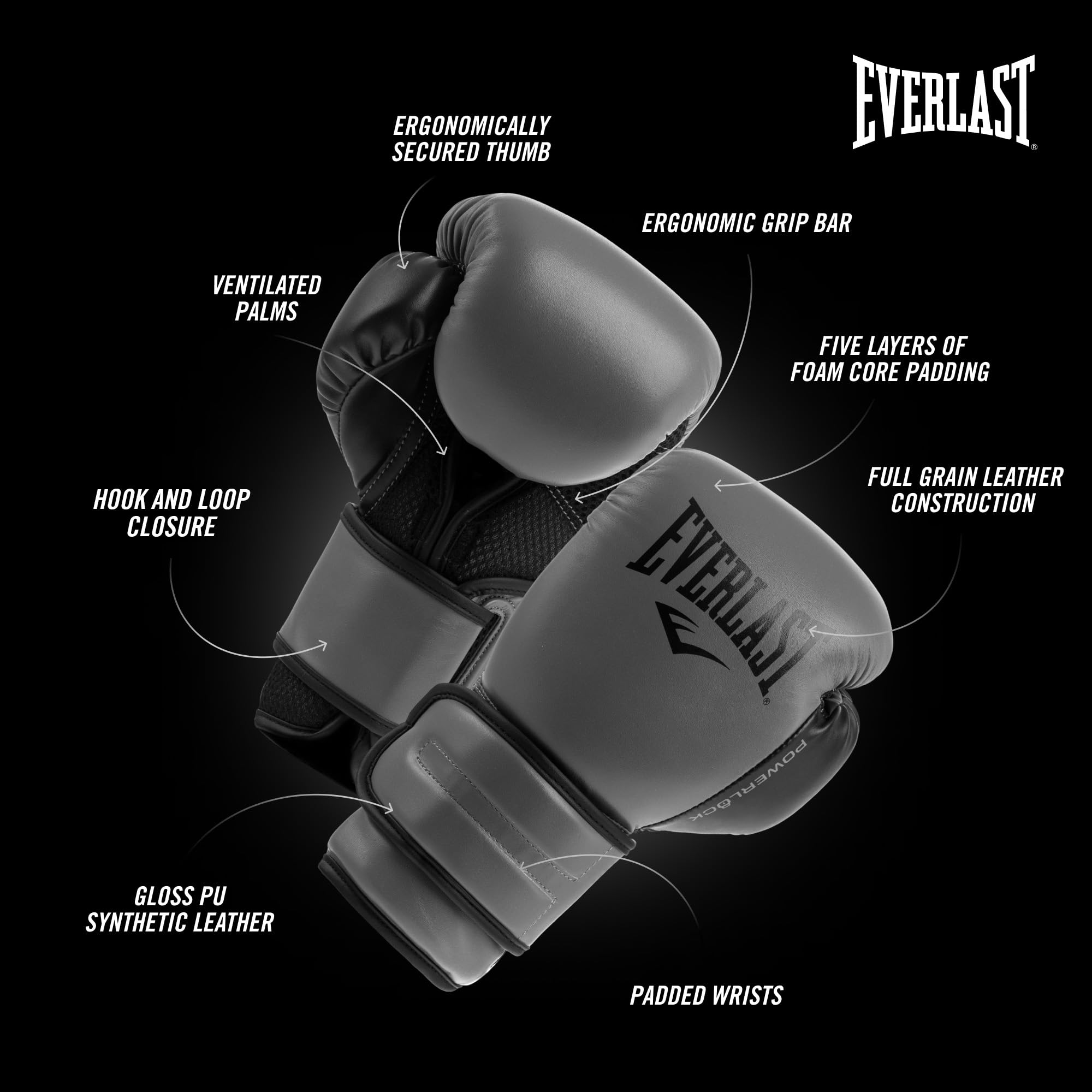 Everlast Powerlock 2R Training Boxing Gloves - Charcoal - 14oz