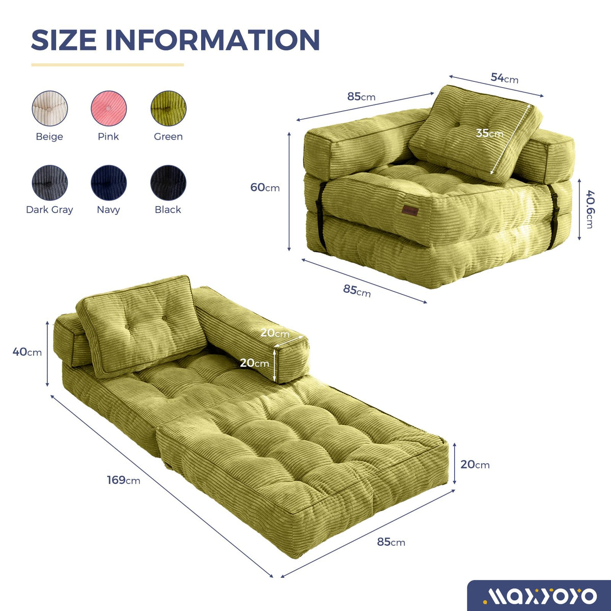 MAXYOYO Foldable Sofa Bed,Bean Bag Couch Convertible Sleeper Chair with Armrest L-Shaped Floor Lounge Sofa with Pillow Portable Lounge Seat for - image 2