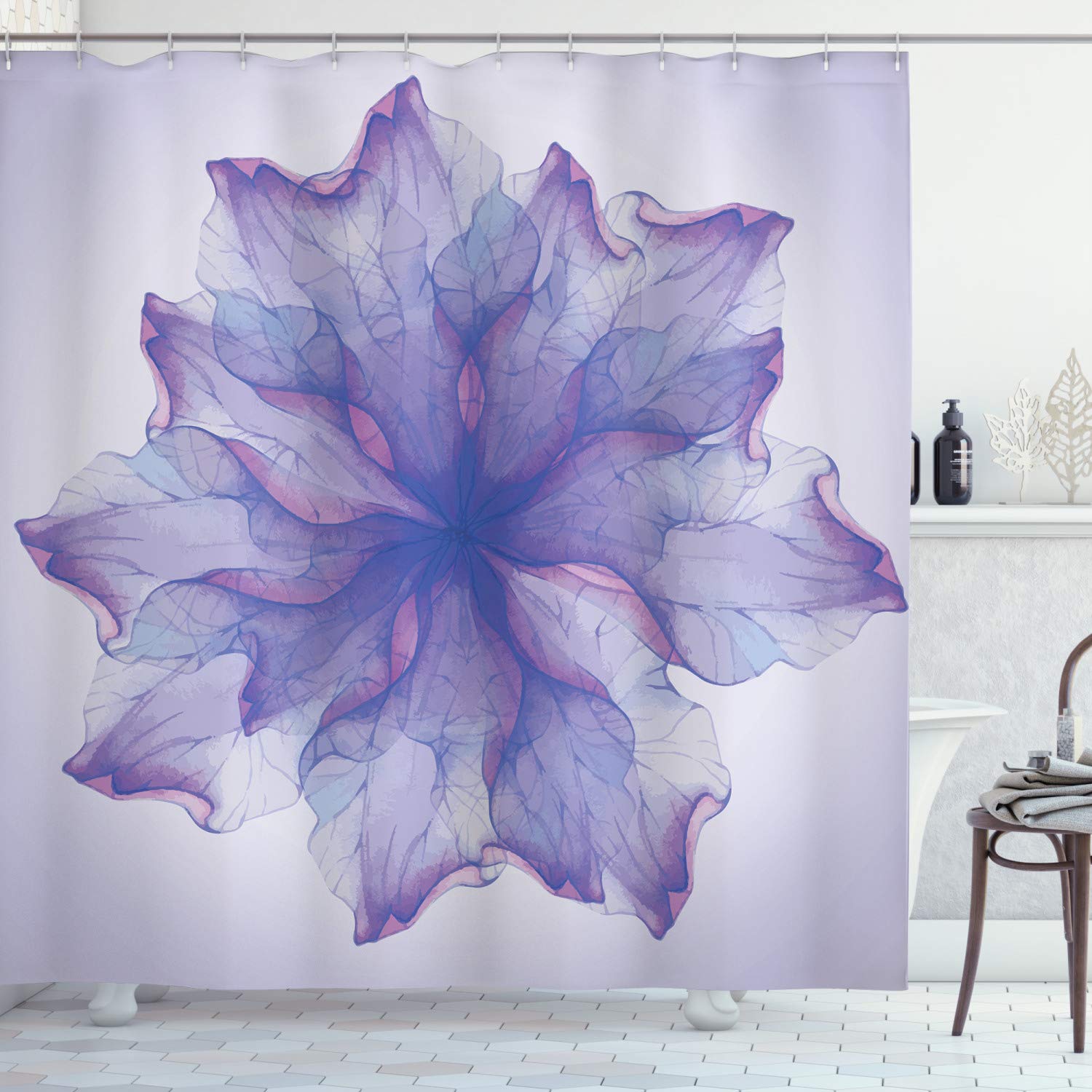 ABAKUHAUS Flower Shower Curtain – Watercolor Floral Fabric Decor with Hooks