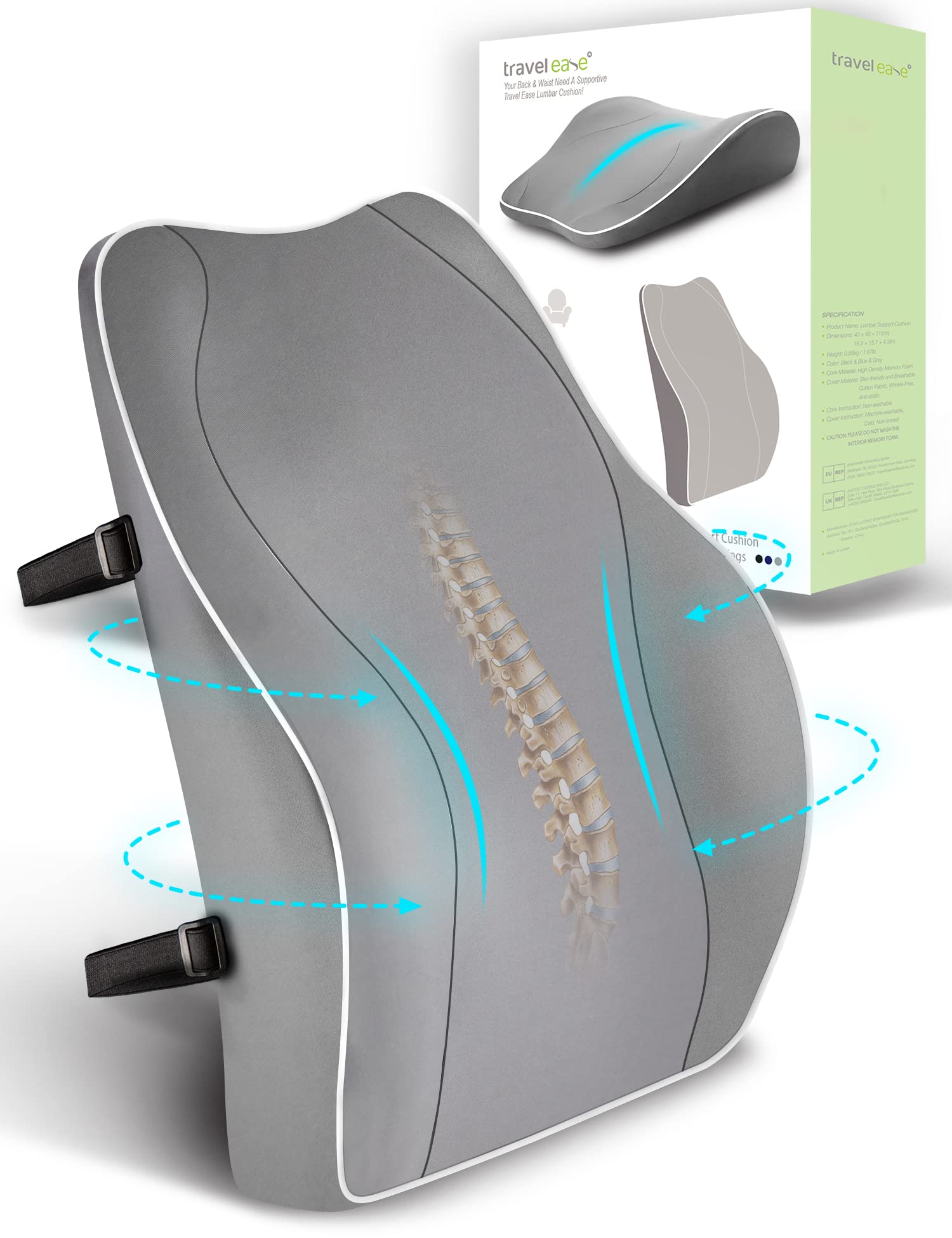 Travel Ease Memory Foam Lumbar Support Cushion for Office Chairs - Grey