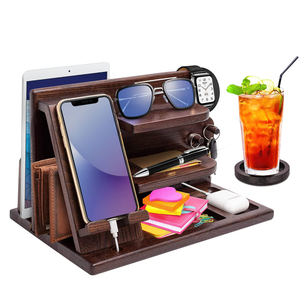 AliveByte Men's Bedside Organiser - Wooden Phone Docking Station & Table Organiser - Brown - 3 Levels - Easy Assembly - Gift for Him - image 1